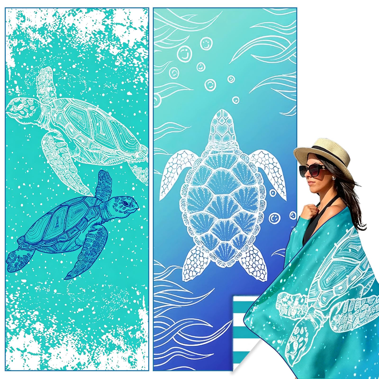 Yozexin 2 Pack Microfibre Beach Towel, Microfibre Towel Extra Large 180×90cm, Quick Dry Sand Free Lightweight Towels with Double Side Print, Beach Essentials Vacation Gift for Adults Women Men