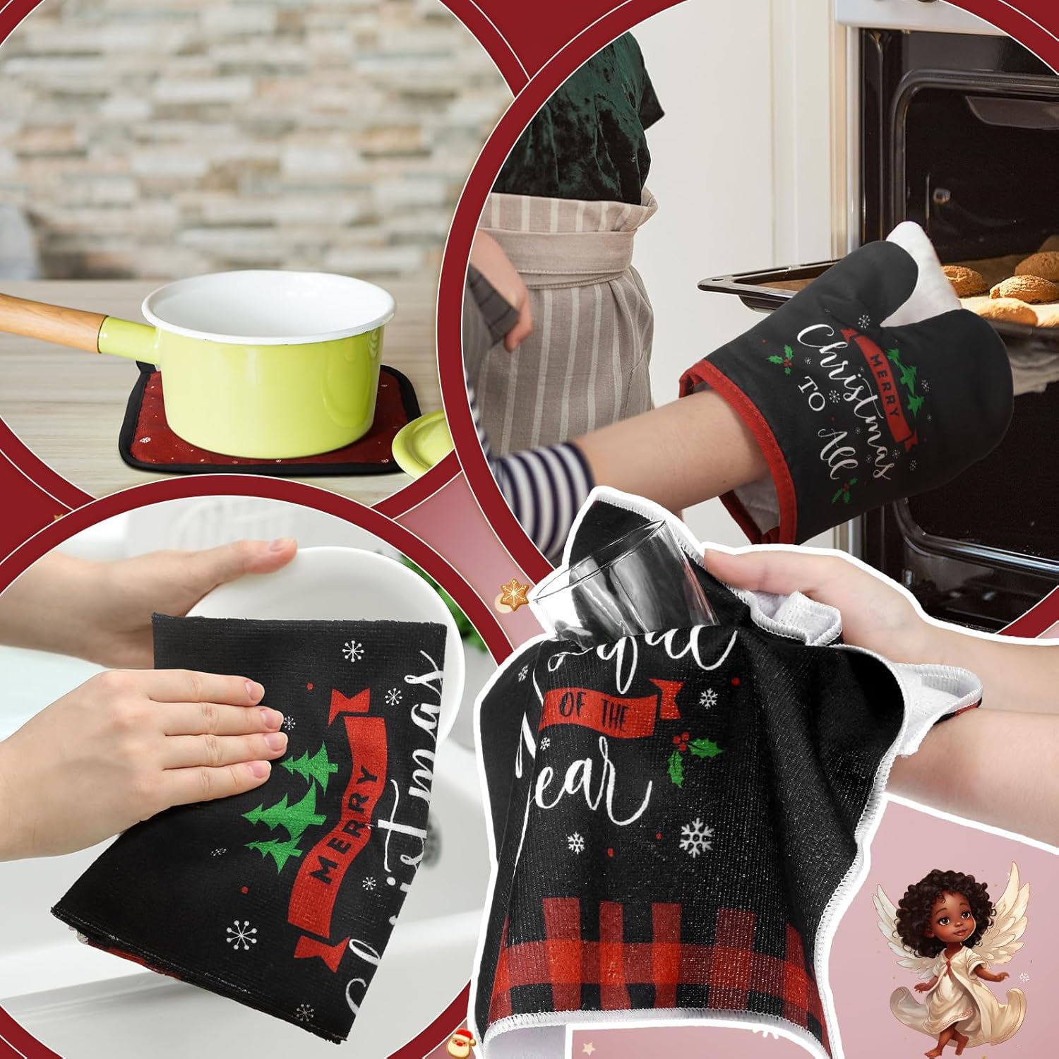 Bencailor 8 Pcs Christmas Black Santa Kitchen Towel Pot Holders and Oven Mitts Set African American Kitchen Decor Dish Towels Farmhouse Oven Mitts Potholders for Xmas Cooking Baking Grilling Supply