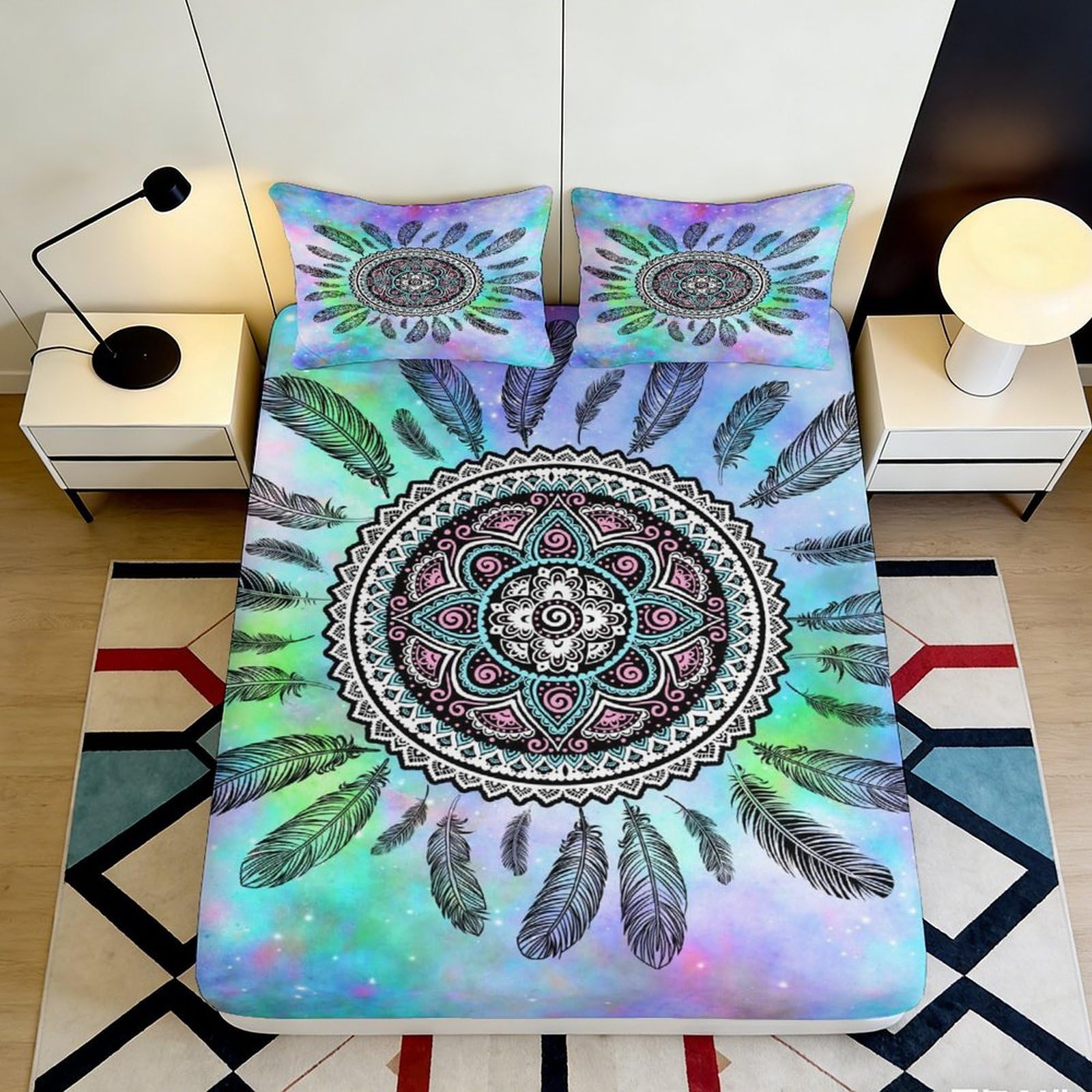Jqzkxnhpbr Style-2 3D Printed Mandala Dreamcatcher Fitted Sheet Microfiber Soft Colorful Boho Bed Cover For Bedroom Dorm Mattress Protection Decor 90X200x25cm