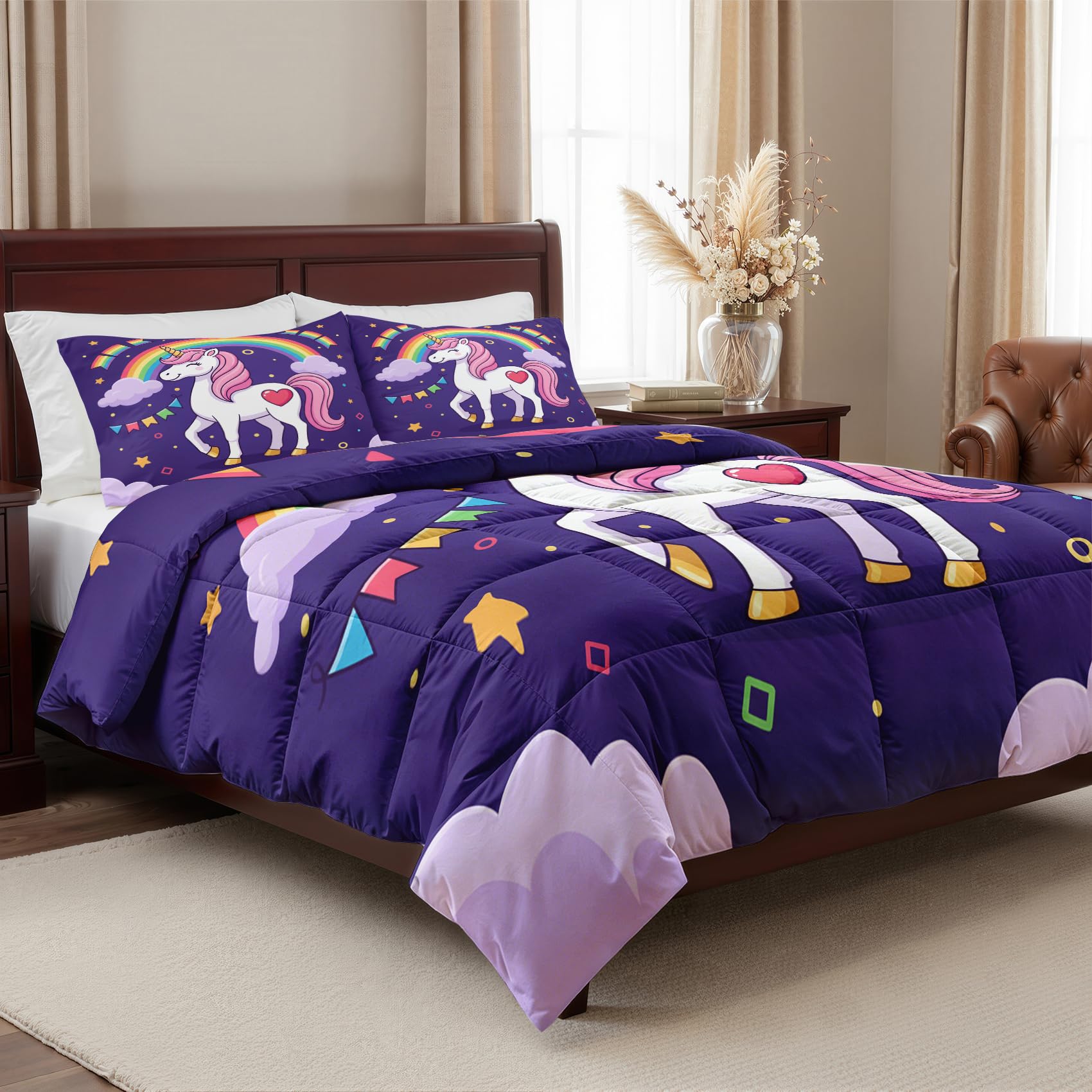 Einhorn Kinder Bettdecke 135x200 - Mädchen Regenbogen Wolken Deko, 4 Jahreszeiten Bettdecken 135 x 200, Steppdecke Ohne Bezug Nutzbar, Warme & Weiche Ganzjahresdecke mit 1 Kissenbezug