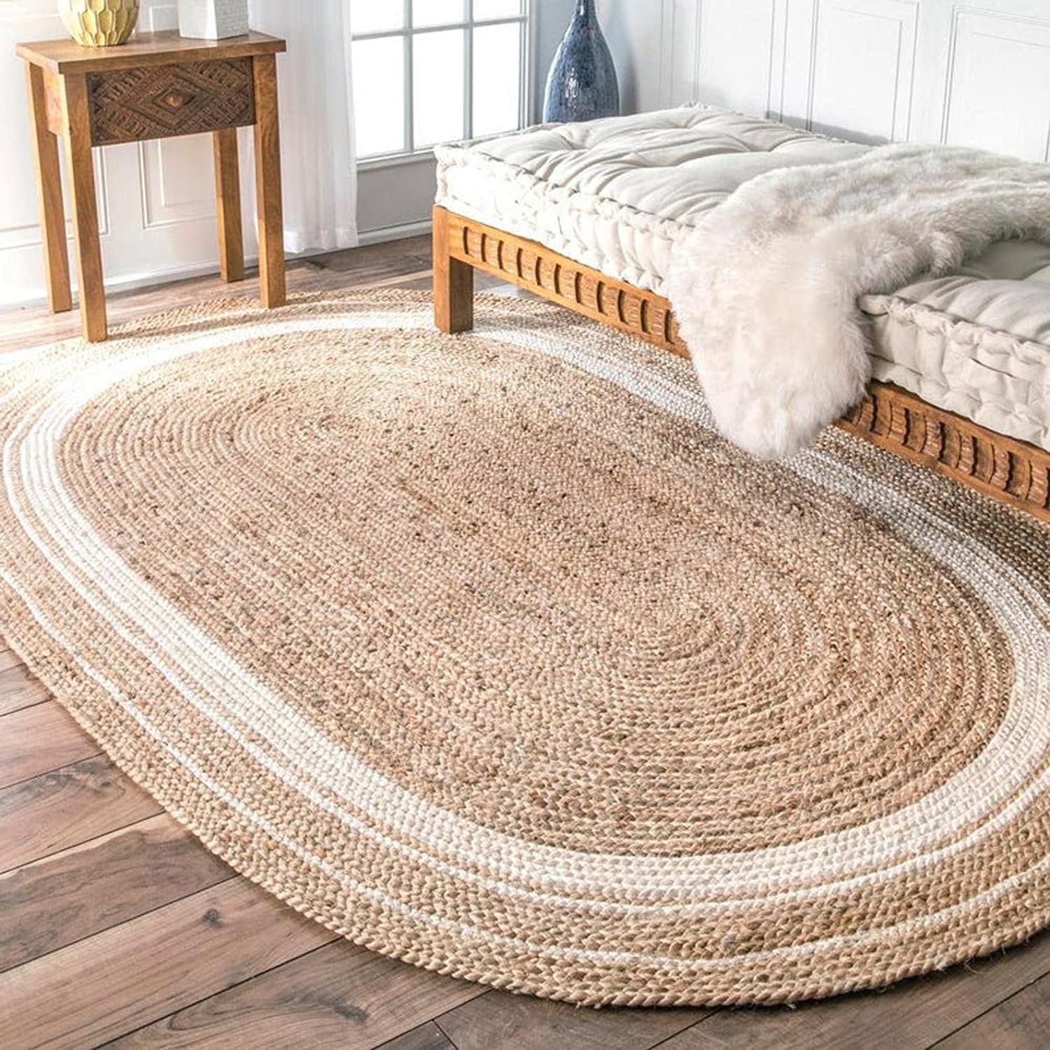 2 GUDD RUGS Handwoven Jute Natural Fibres Oval Braided Reversible Rug for Bedroom Living/Dining Room (White, Brown (2 x 3)-image-47