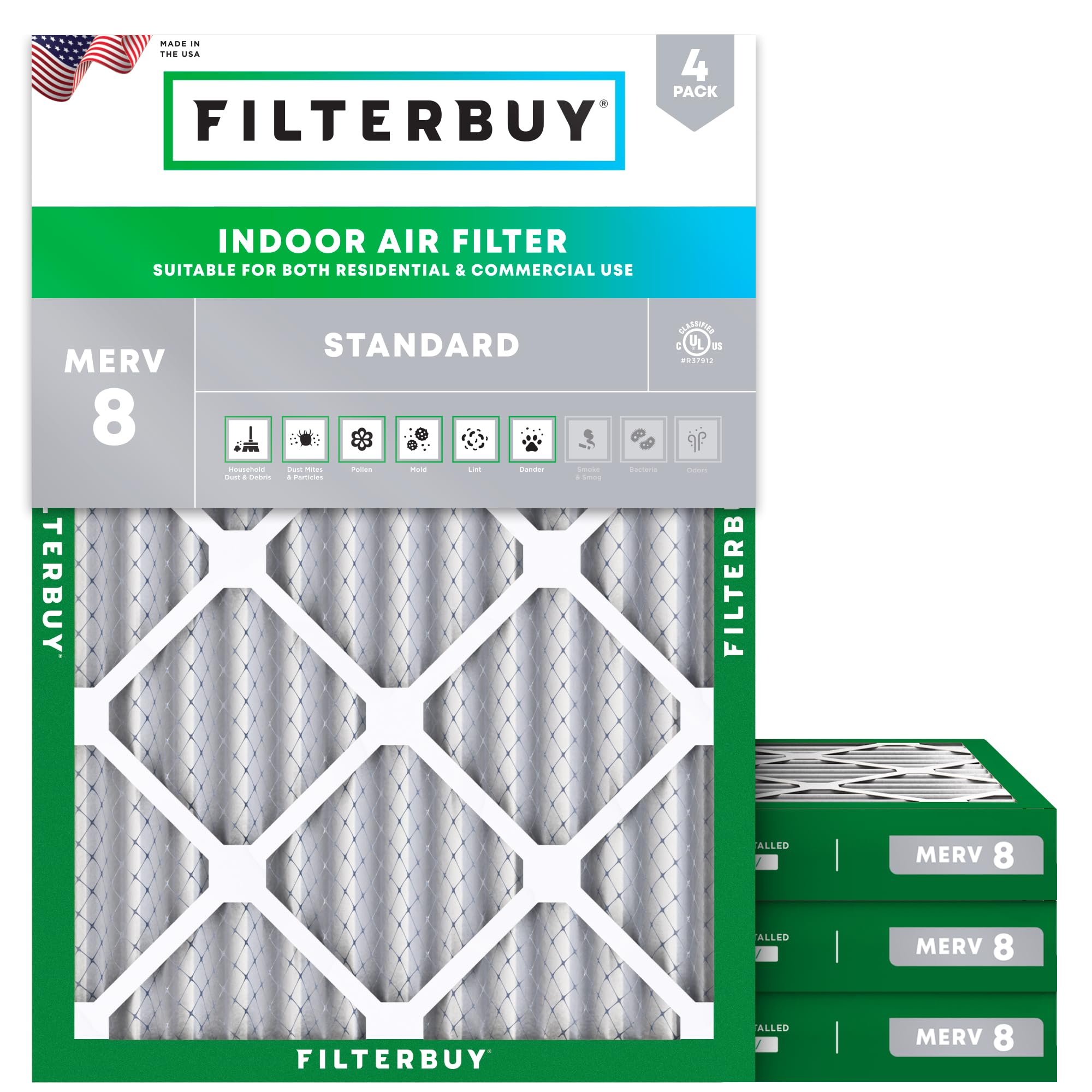 Filterbuy 18x25x2 Air Filter MERV 8 Dust Defense (4-Pack), Pleated HVAC AC Furnace Air Filters Replacement (Actual Size: 17.50 x 24.50 x 1.75 Inches)