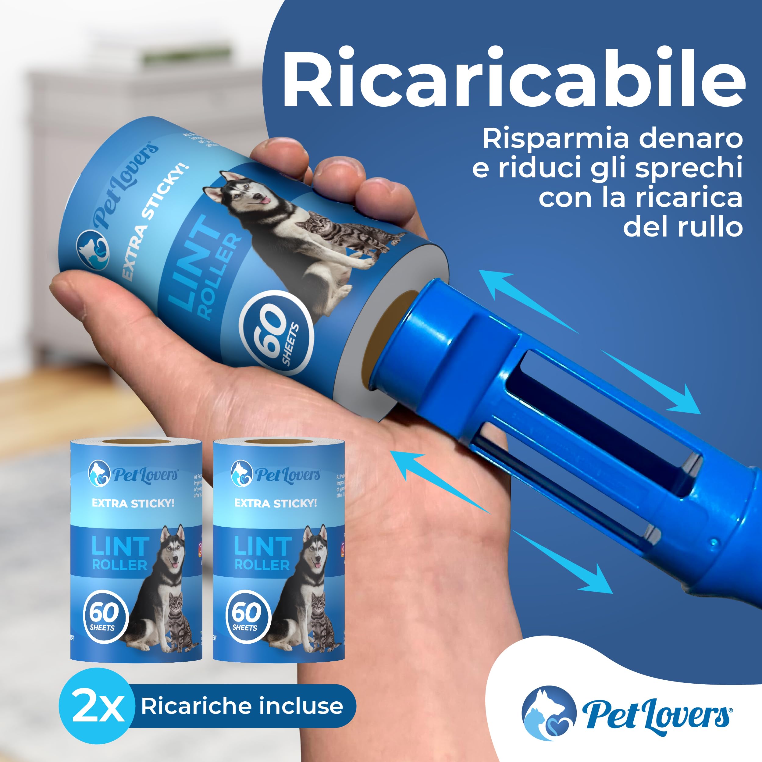 PetLovers Set di 240 fogli di rullo extra appiccicoso per la rimozione dei peli di animali domestici, rimozione pelucchi di cani e gatti, confezione da 4 (2 rulli, 2 ricariche)