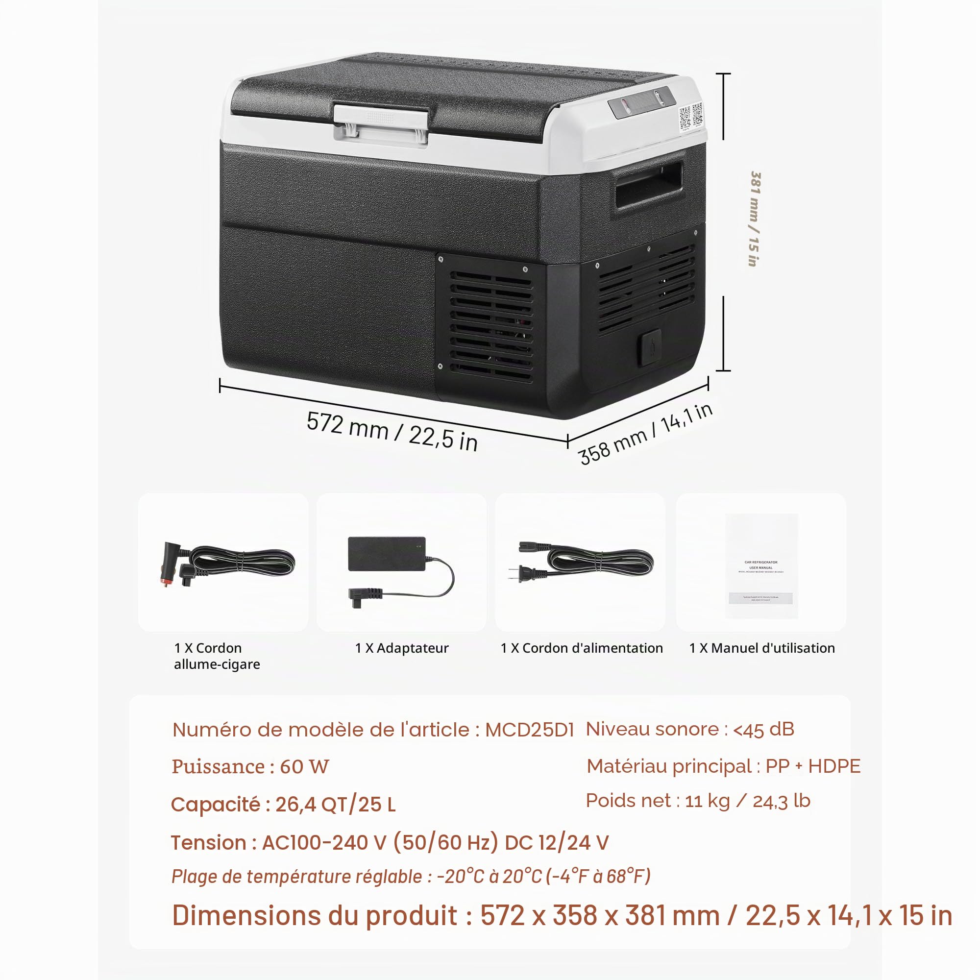 VEVOR Glacière Électrique Portable 25 L 12/24 V CC 100-240 V CA, Réfrigérateur à Compression, Température Réglable -20 °C à 20 °C