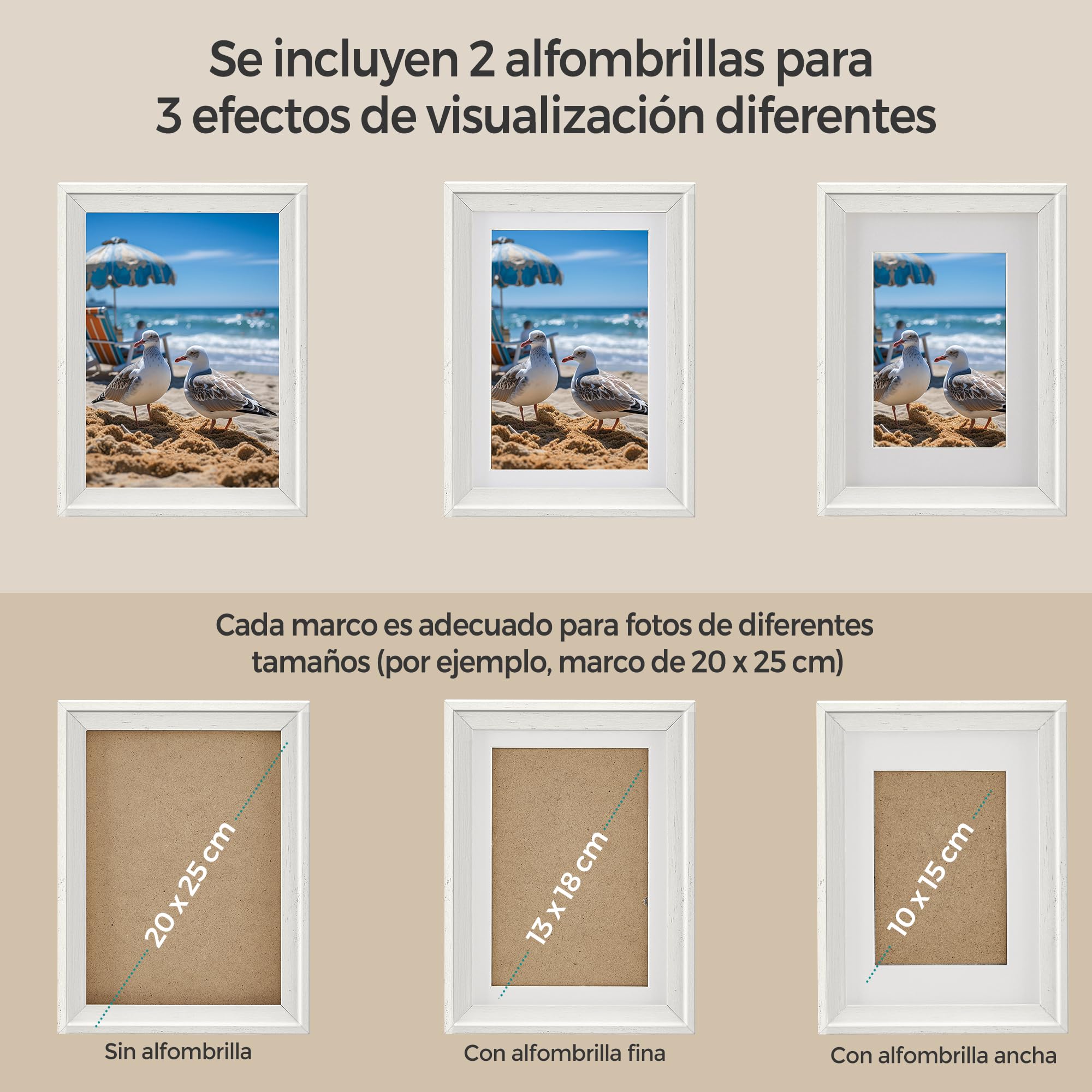 SONGMICS Marcos de Fotos con 16 Alfombrillas, Juego de 10 Marcos de Cuadros, Dos 20x25 cm, Cuatro 13x18 cm, Cuatro 10x15 cm, Colgar o Mostrar, 12 Clavos, Blanco Rústico