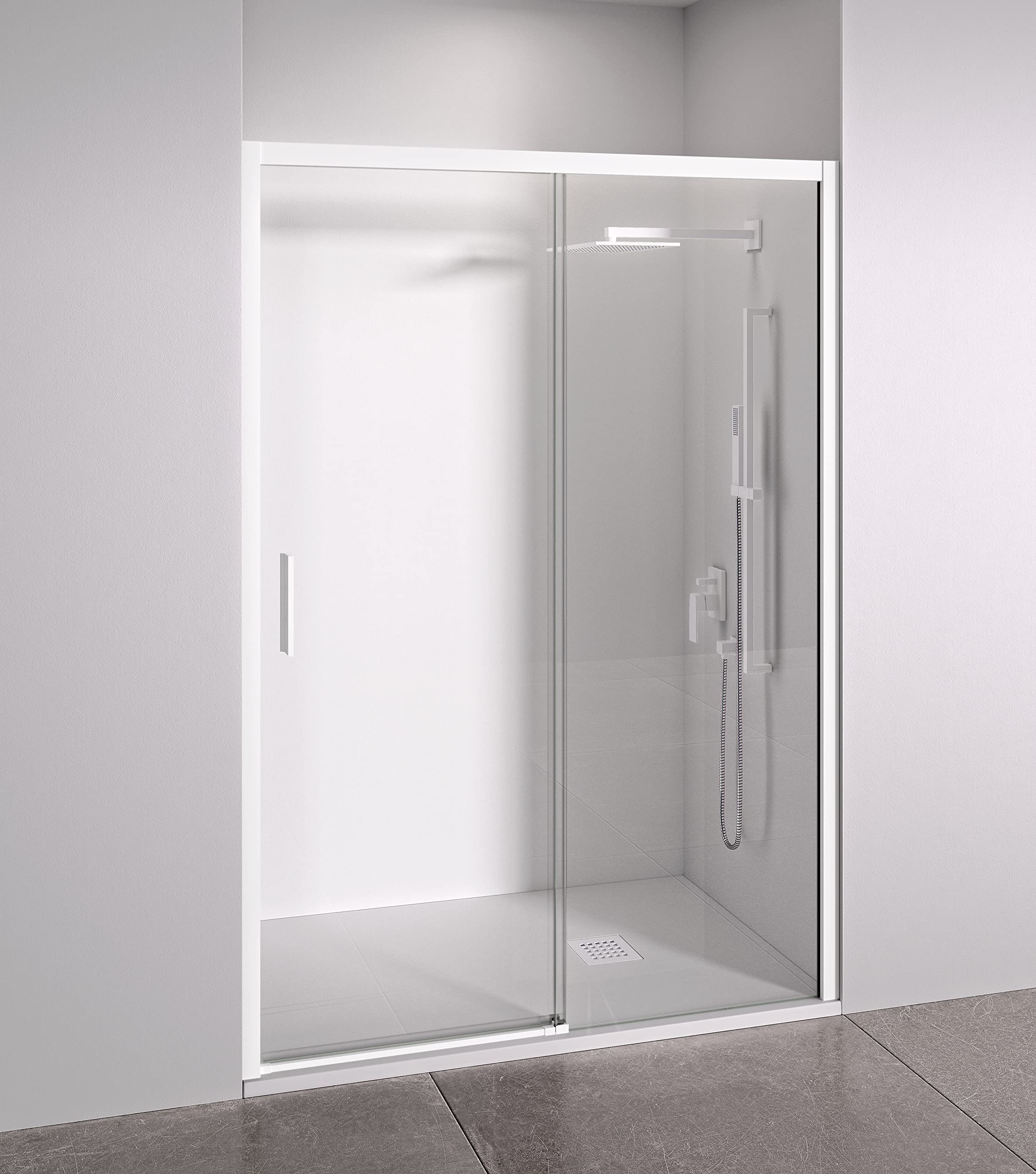 Mampara de ducha frontal 1 corredera + 1 fijo - sin perfilería inferior - Cristal transparente templado 6mm antical - Blanco Mate - Ancho adaptable 160 a 165cm - Posición puerta izquierda - Alto 195cm