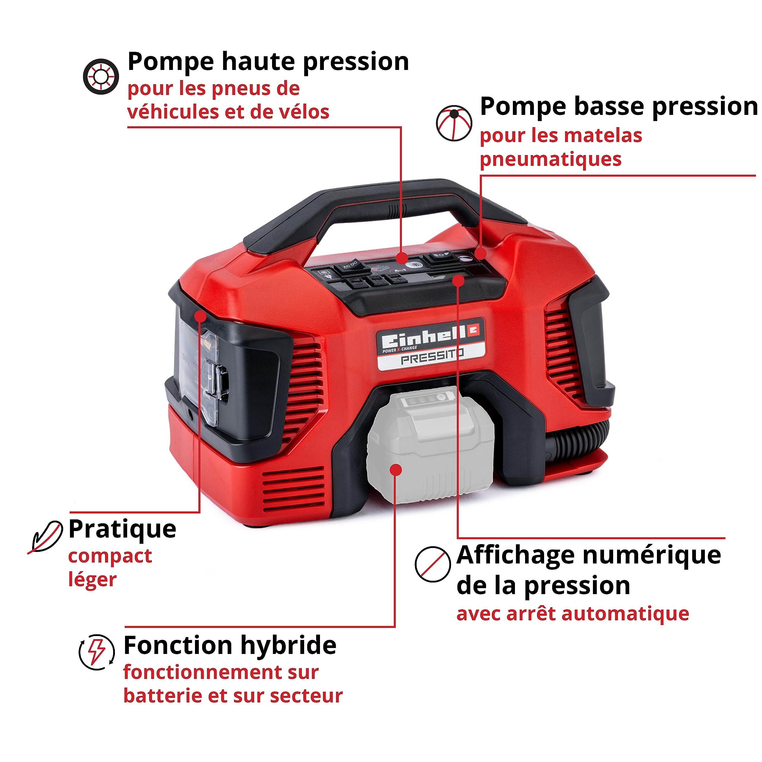 Einhell Compresseur hybride PRESSITO - Solo Power X-Change (18V, 90 W, Longueur tuyau haute pression : 710 mm, Câbles et tuyaux intégrés) Livré sans Batterie ni Chargeur