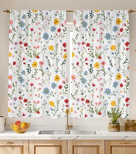 Miniatura 19 de Cortinas de Cocina (2 Piezas) Sobre el Fregadero para Ventana de Baño Café Sótano Cortinas para Cocina Granja Cortina Corta Mini Flor Abeja Verano