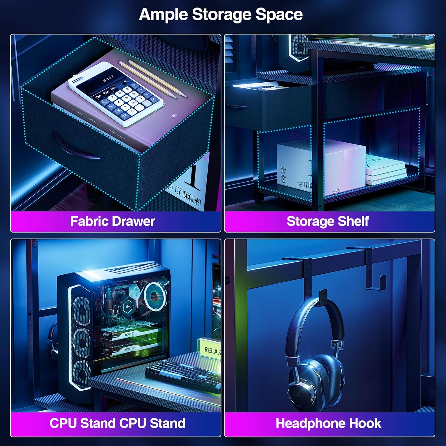 Grandder Gaming Desk 47 Inch with CPU Stand and LED Light, Computer Desk with Reversible Shelves and Storage Drawer, Pc Small Desk for Home Office Table with Bag, Carbon Fiber Black