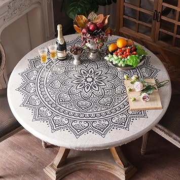 Fitted Round Tablecloth with Elastic Wipeable Table Cover, 46"-56" | Patio Dining, Picnic Table, Outdoor Parties, Wipe Clean Surface, Oil Resistant, Secure Bottom Edge, Everyday Meals