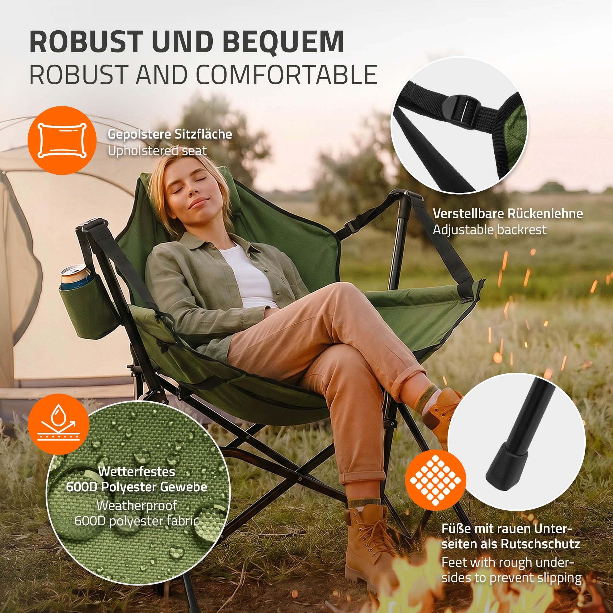 ECD Germany Skladane Krzeslo Campingowe Khaki Krzeslo Wedkarskie Bujany z Metalowa Konstrukcja Regulowane Wysokie Oparcie z Zaglówkiem Uchwyt na Napój Torba Fotel Outdoor na Camping Wedkowanie Ogród