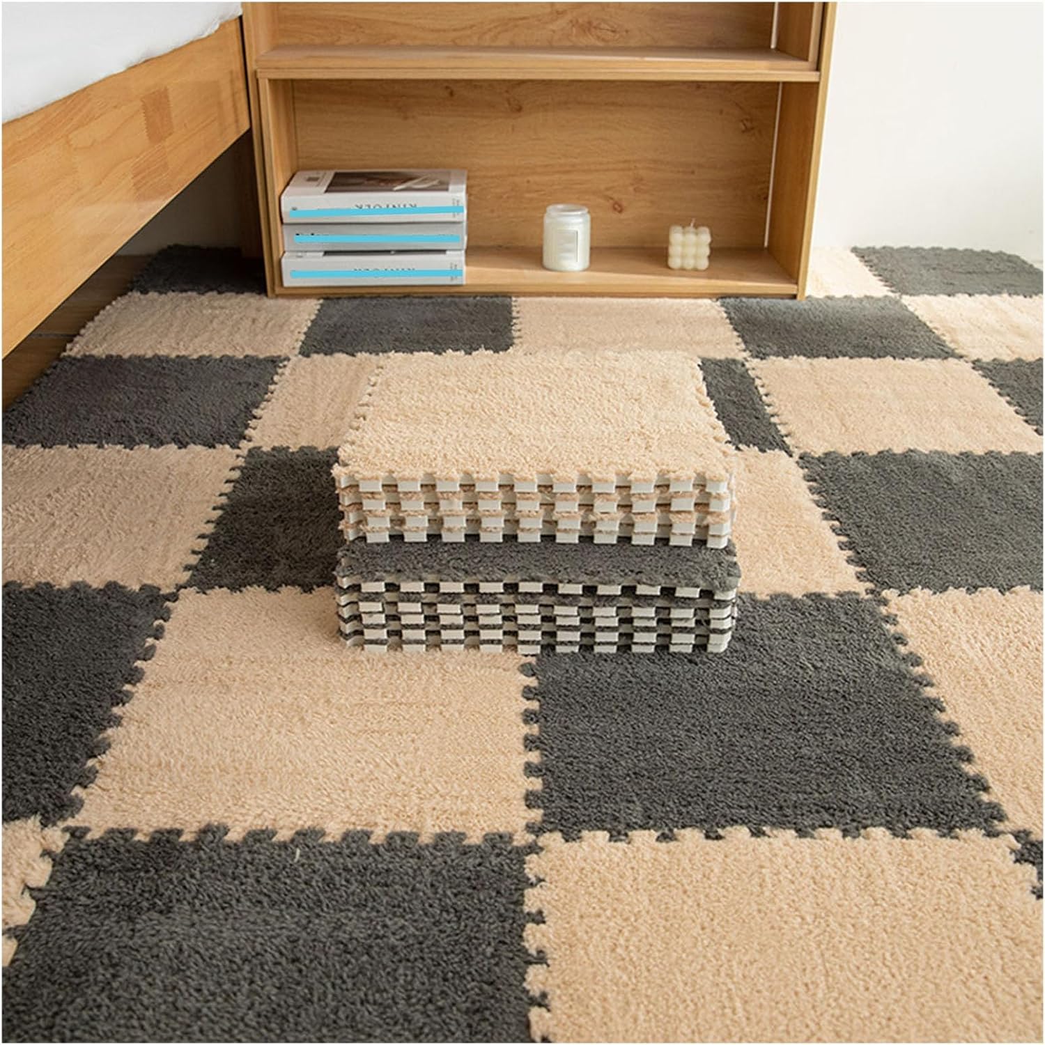 LoiYtrd 10pcs Plush Foam Interlocking Floor Mat DIY Cuttable Foam Mat Tiles 30x30x1cm Fuzzy Carpet Tiles(Gray+Light Brown)
