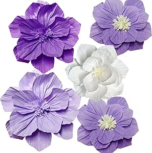 Lotusamber Purple Paper Flowers 5PCS 3D Flower Wall Decor - Violet White Lilac Pom Tissue Flowers for Party Wall Backdrop Decoration, Birthday, Bridal Baby Shower, Wedding Decor