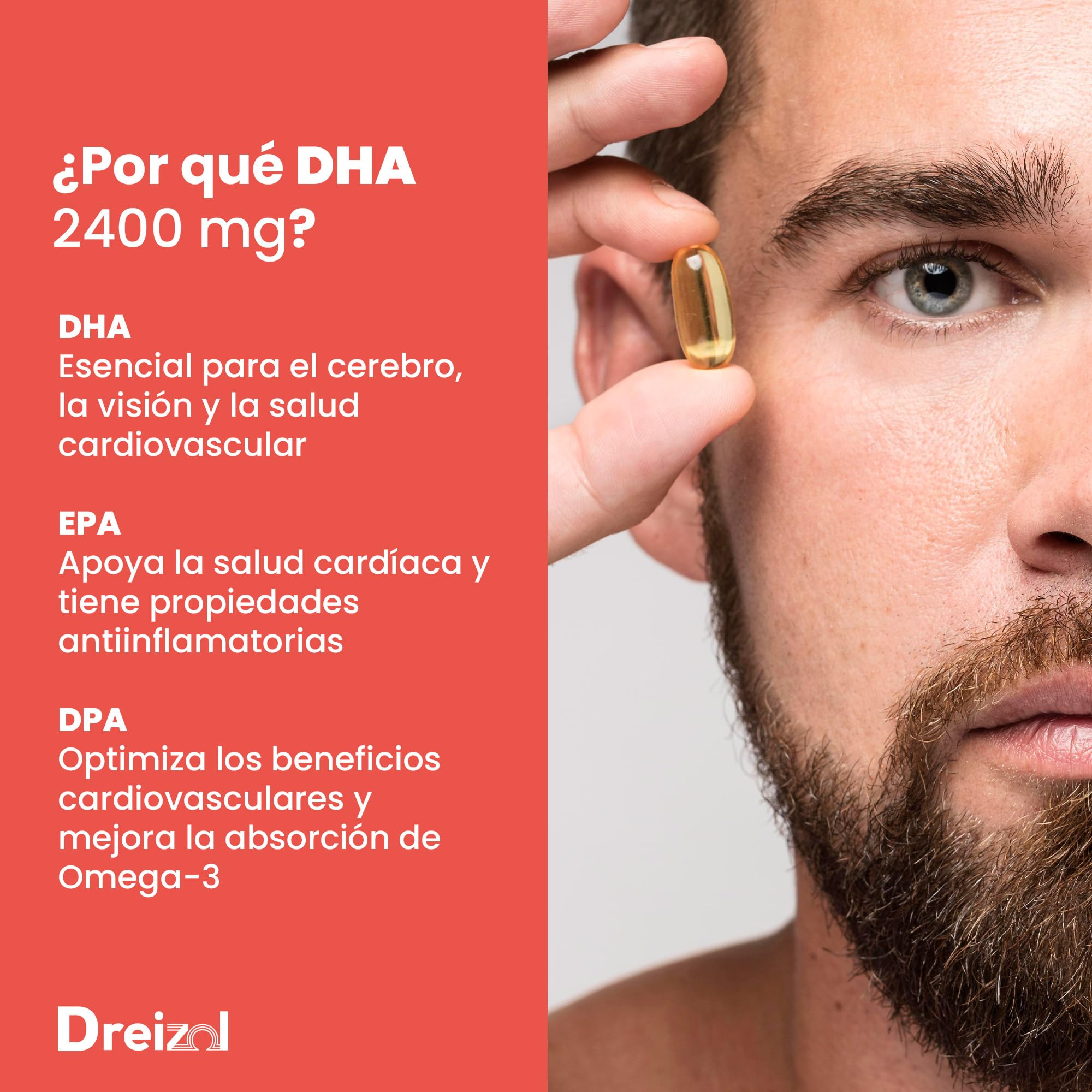 by Brudy Lab - Omega 3 2400 mg DHA High Dose – Cápsulas con DHA, EPA y DPA en Triglicéridos - Aceite de Pescado Concentrado - 60 Cápsulas