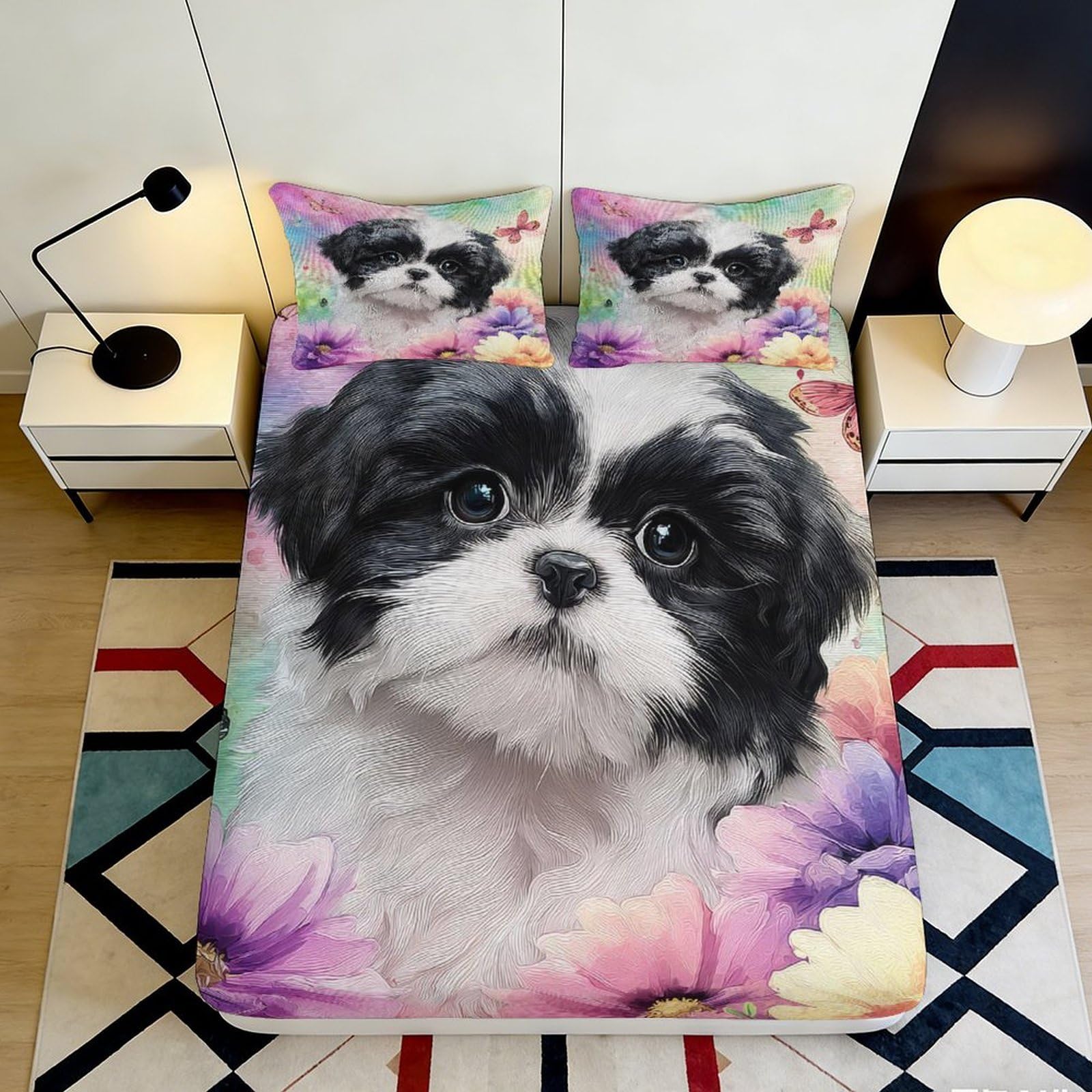 3D Printed Puppy Fitted Sheet Microfiber Deep Pocket for Adults Bedroom Bedding Puppy Mattress Fitted Cover Non-Slip Washable 200x200x25cm