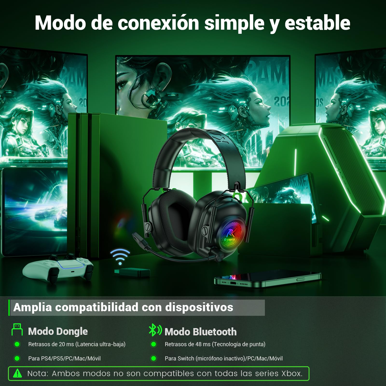Krysenix KGH2 - Auriculares inalámbricos para videojuegos PS5, PS4, PC, Mac, Switch, 2,4 GHz, con micrófono, cancelación de ruido, auriculares inalámbricos con luces LED, duración de batería de 40 H