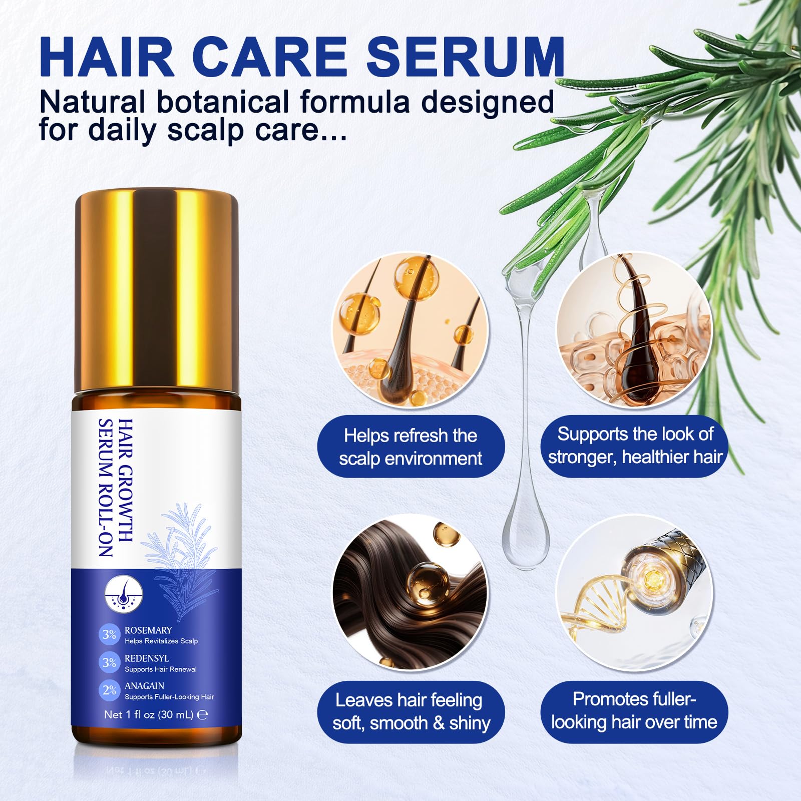 Hair Growth Serum Roll On, Huile et sérum de croissance capillaire au romarin 3%, Redensyl 3%, Anagain 2% - Nourrit les follicules pileux et le cuir chevelu - 30 ml