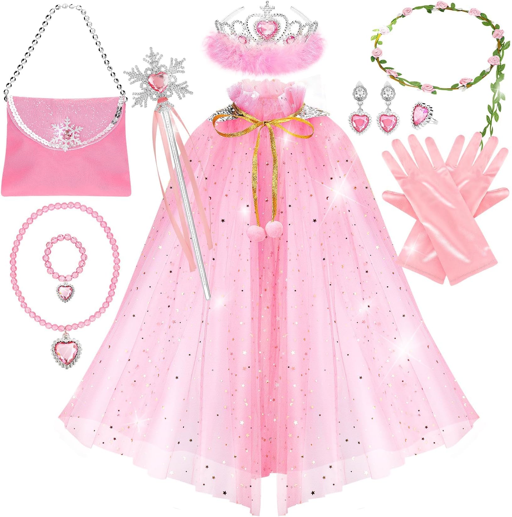Frichness Princess Cape Set,12Pcs Kids Fairy Tulle Princess Dress up Clothes, Princess Dresses for Girls Birthday Party Halloween Dressing Up with Crown Wand Accessories 3-8 Years Birthday Gift