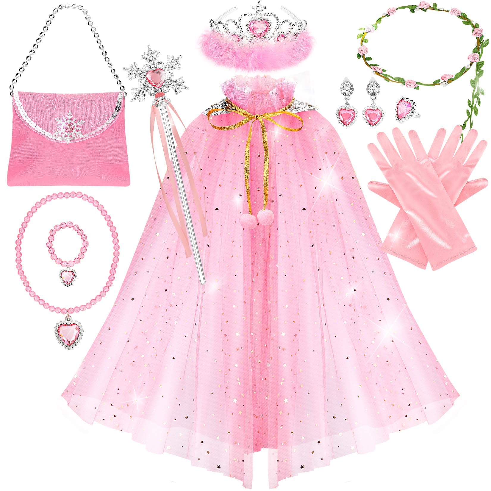 Frichness Princess Cape Set,12Pcs Kids Fairy Tulle Princess Dress up Clothes, Princess Dresses for Girls Birthday Party Halloween Dressing Up with Crown Wand Accessories 3-8 Years Birthday Gift
