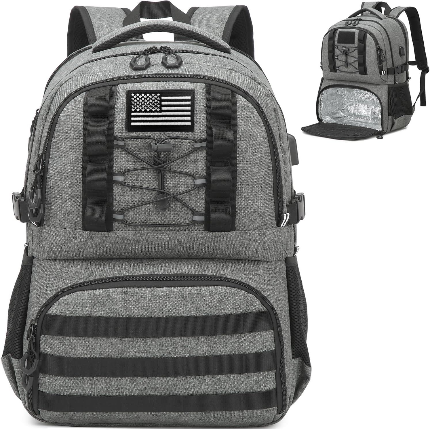 Laptop Lunch Backpack for Men - 40L Large Capacity Work Backpack with Lunch Compartment and USB Post, RFID Insulated Cooler Backpack for Work, Travel, Picnic, Black+Gray