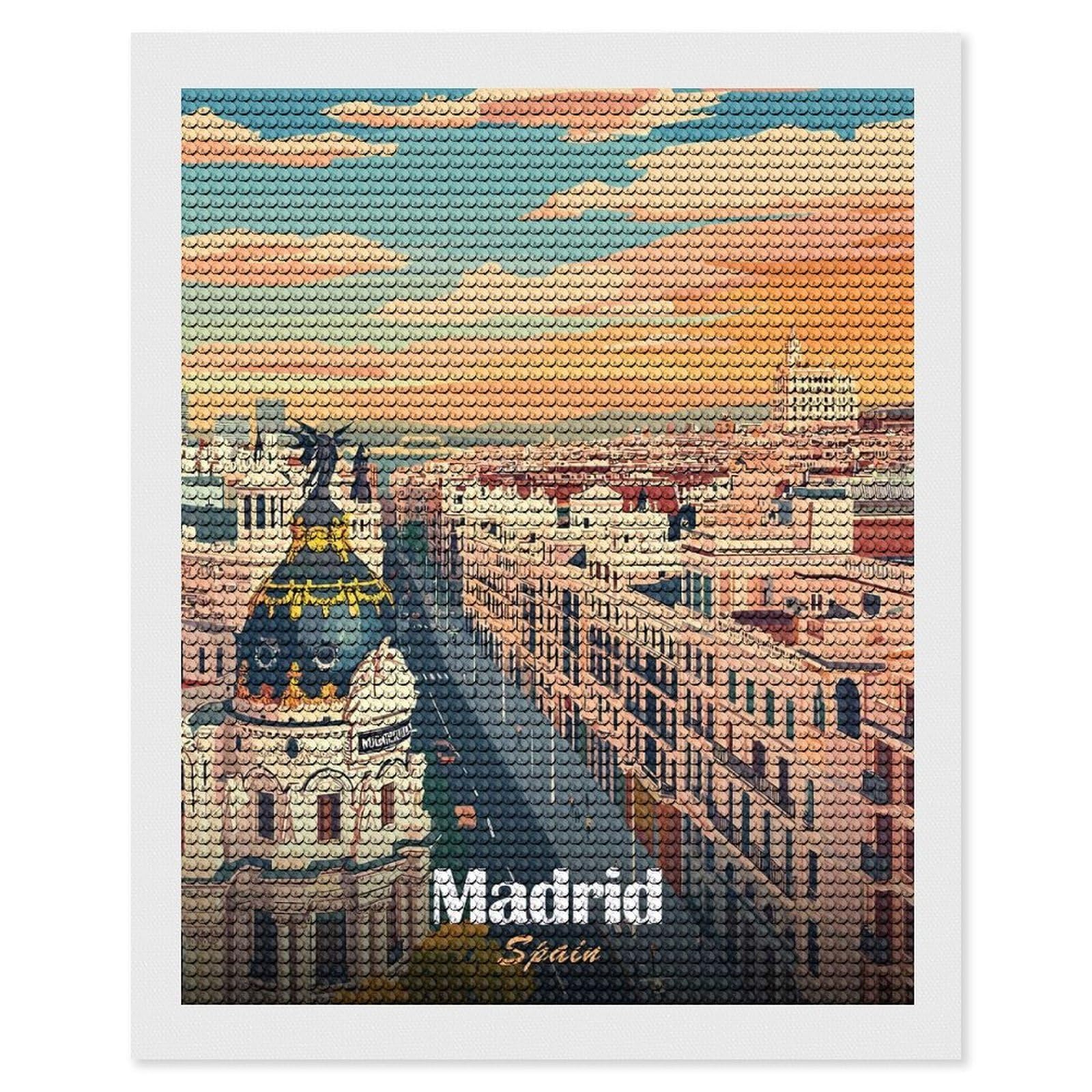 Junmoney Madrid Spain Cityscape Illustration Diamond Art Kit 16"x20", Modern Decor, Farmhouse Decor, Home Wall Art, Festive Craft Gift, Handmade Wall Decor