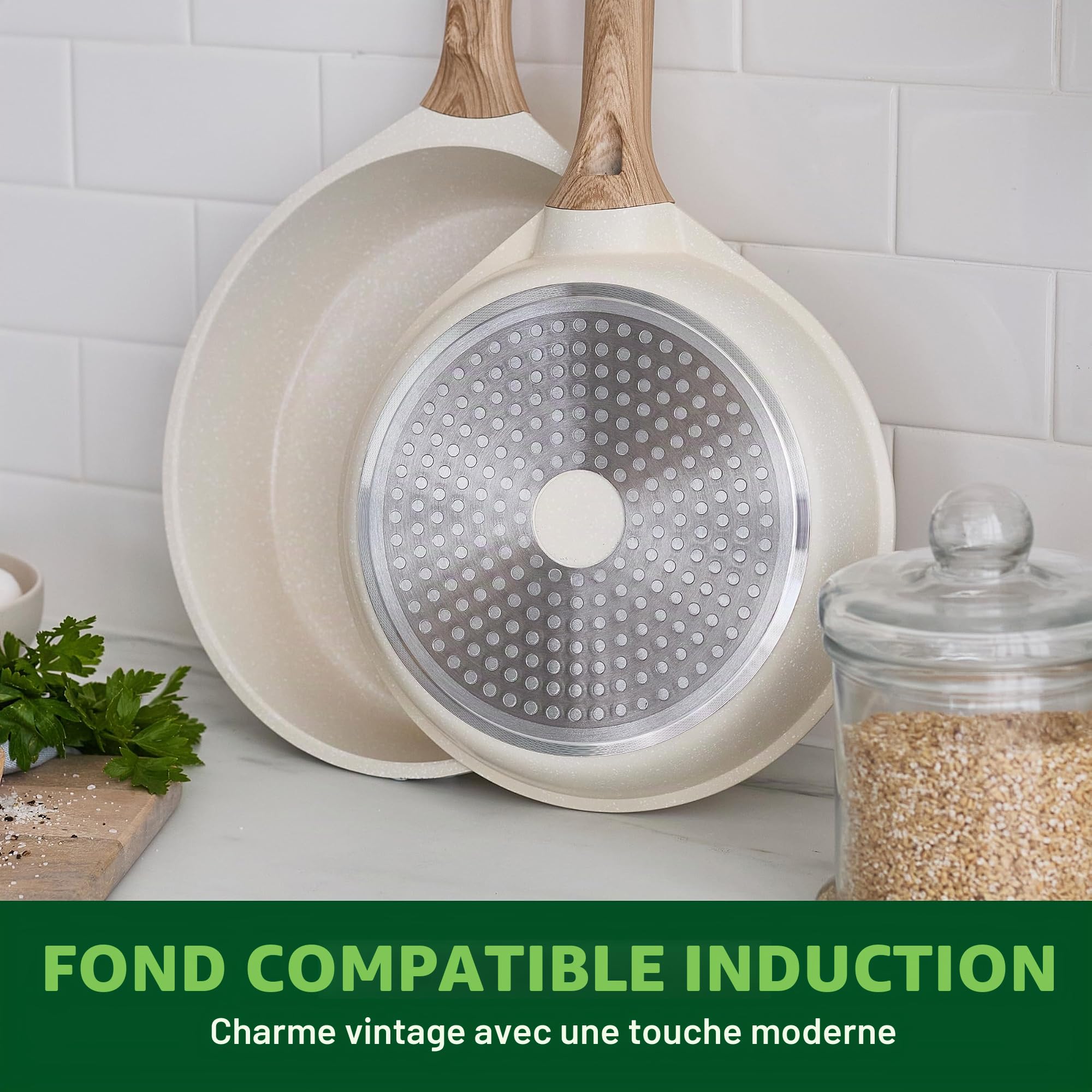 GreenChef Arte Lot de 2 poêles antiadhésives en céramique sans PFAS avec manche en bois Crème 24 cm et 28 cm
