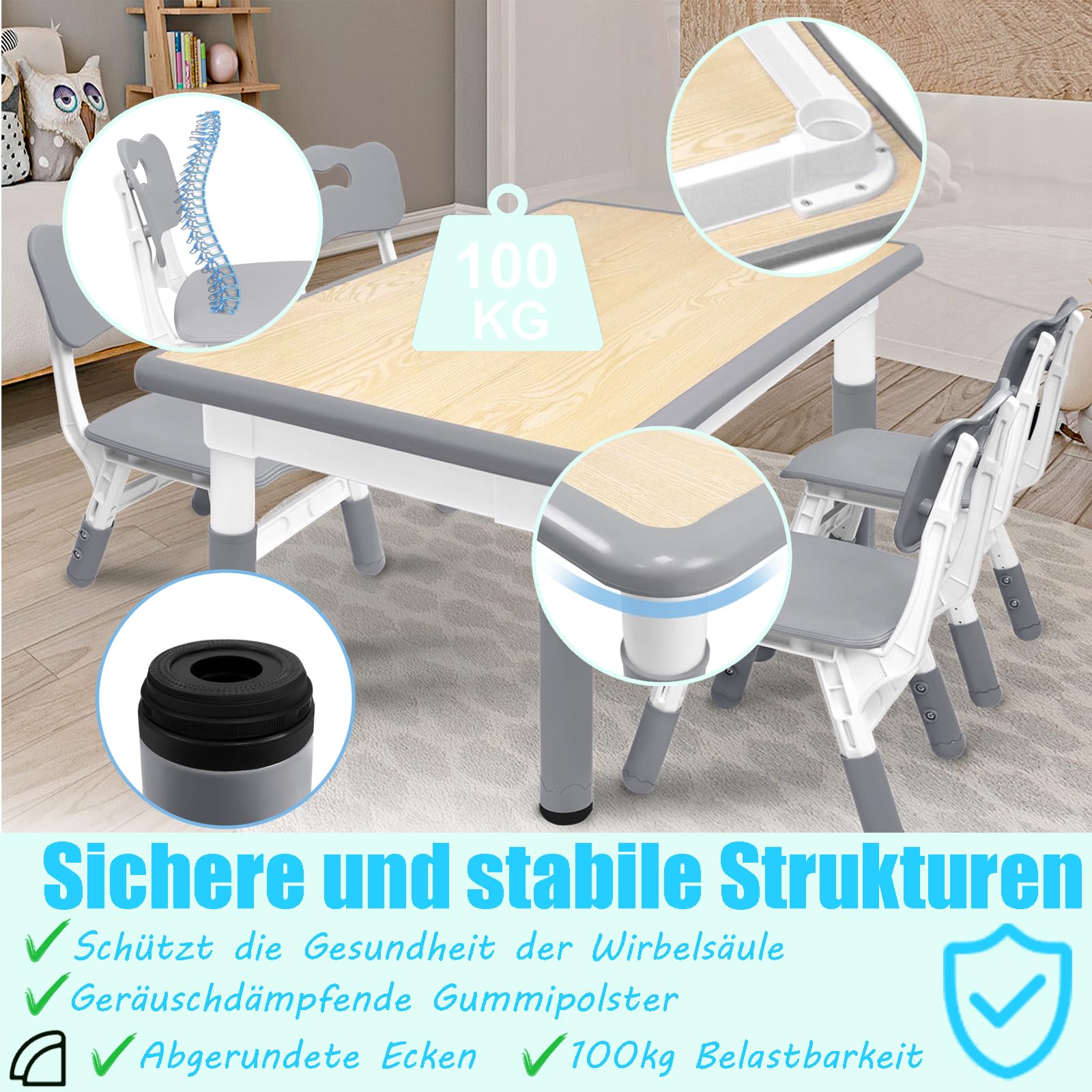 ACXIN Juego de mesa infantil con 4 sillas, de plástico, altura regulable, para habitación infantil, guardería y aula, gris