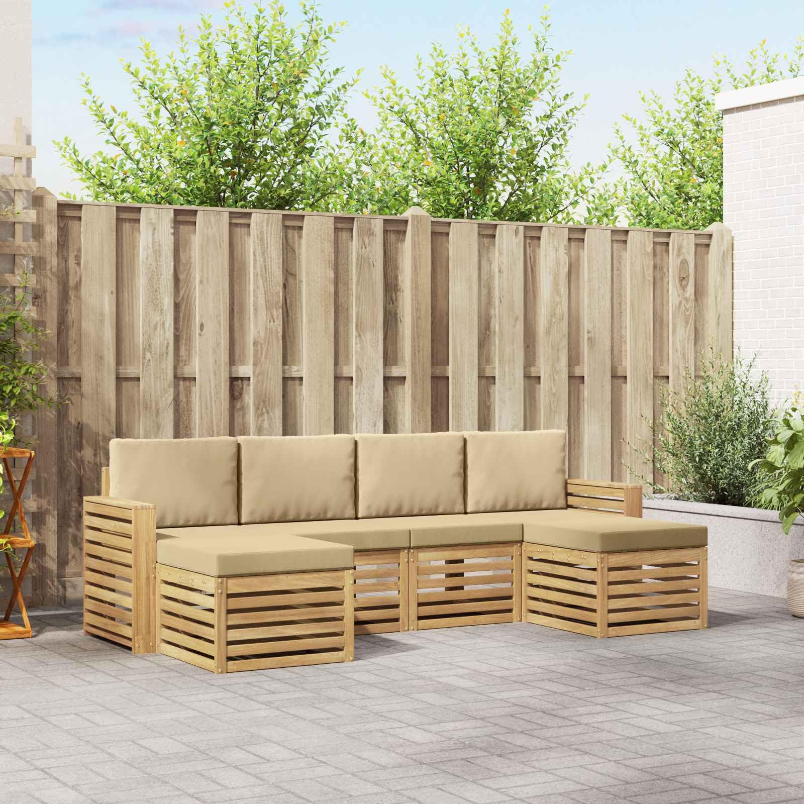 Juego de 6 sofás de exterior de madera maciza de acacia para terraza y jardín, diseño modular resistente a la intemperie, con 6 asientos, incluye cojines y respaldos acolchados