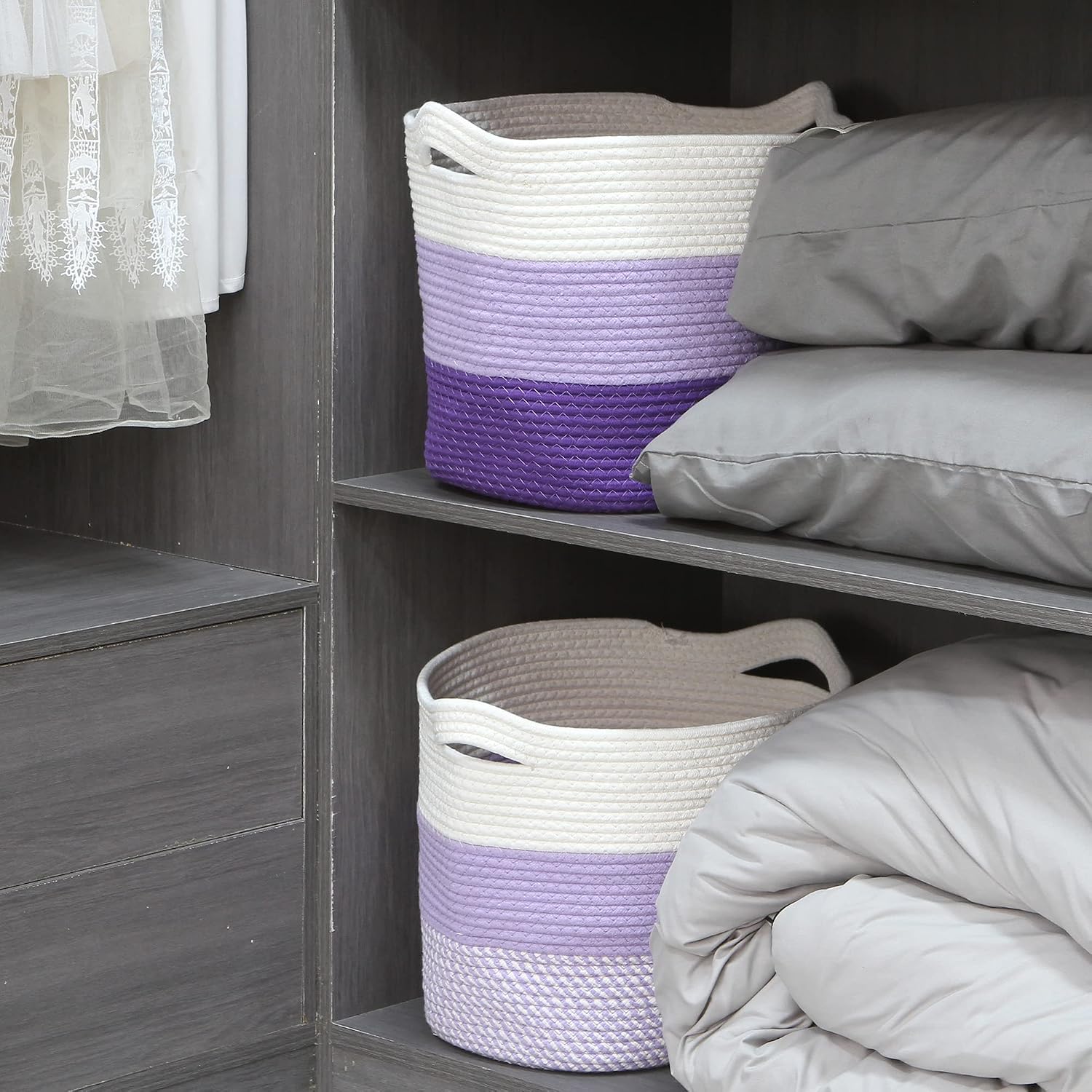 Sea Team Oval Large Cotton Rope Woven Storage Basket with Handles, White & Mottled Lavender, 16 x 13 inches image 4