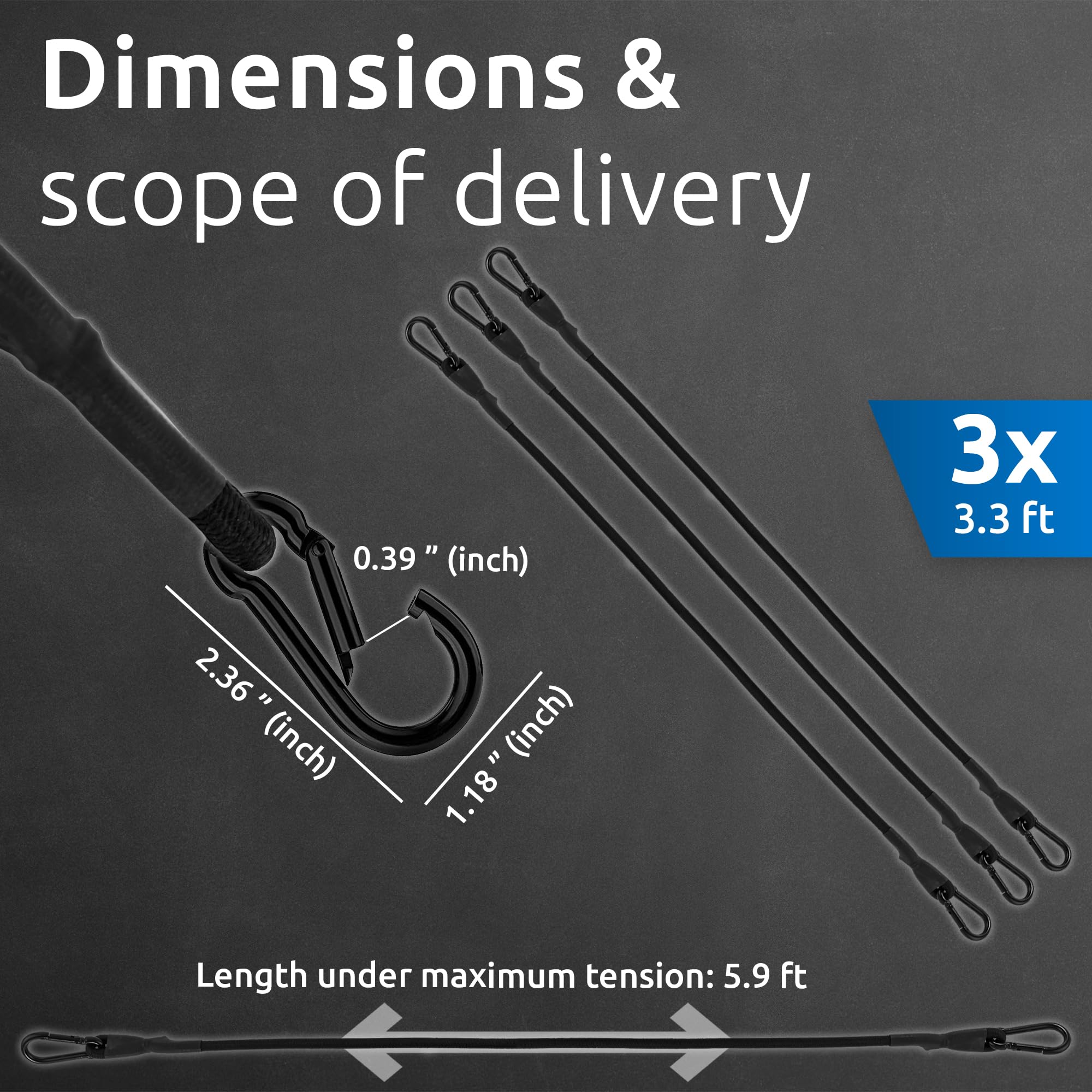 ECENCE Bungee Cords with Carabiner Clips, 3 Pack, Expanders Straps with Carabiner Hooks - Image 3