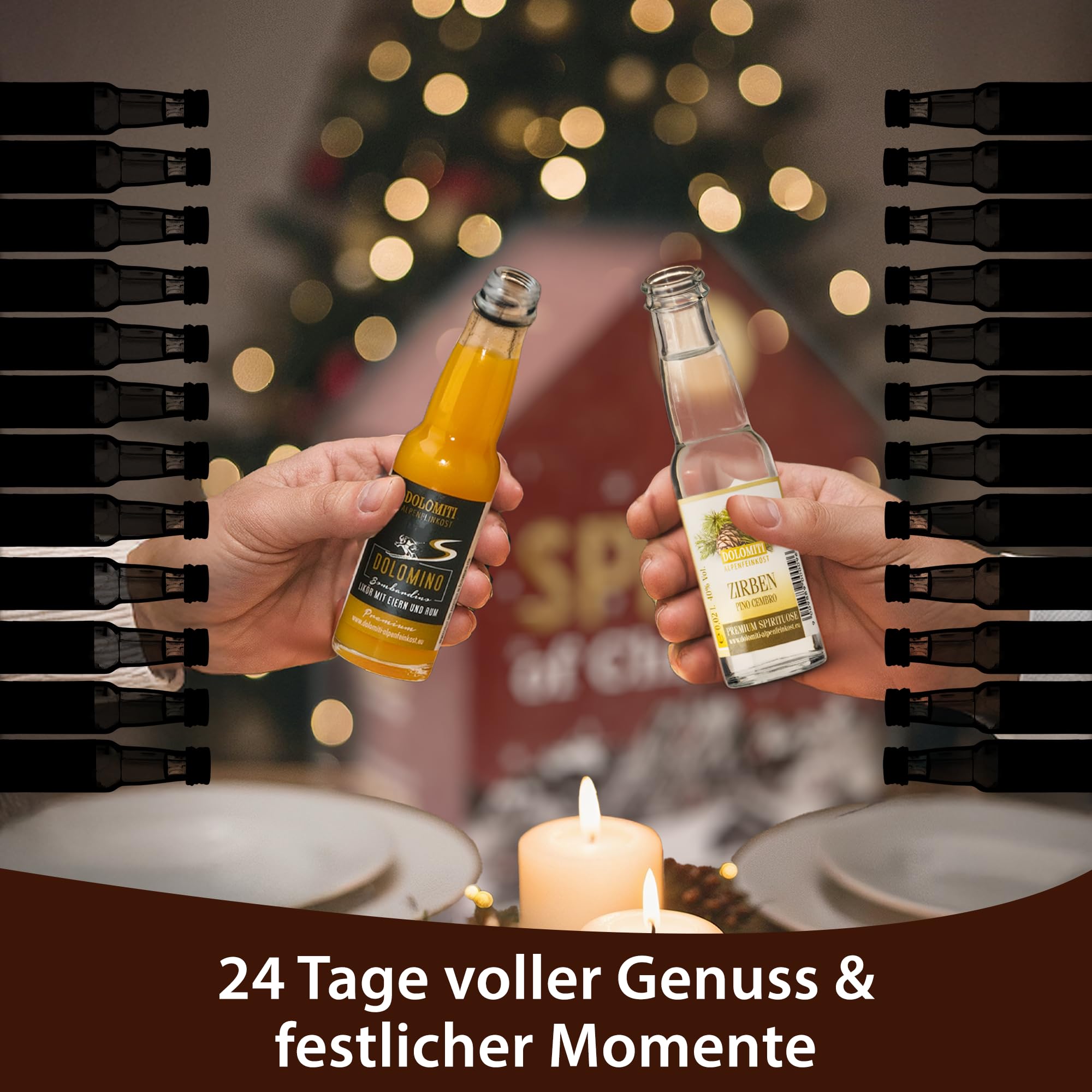 Schnaps- und Likör Adventskalender 2025 von Dolomiti - Geschenk-Idee für Genießer. Gin, Rum, Wodka und Wermut, Edelbrände, Schnäpse und Liköre. Schnaps Adventkalender in festlichem rot.