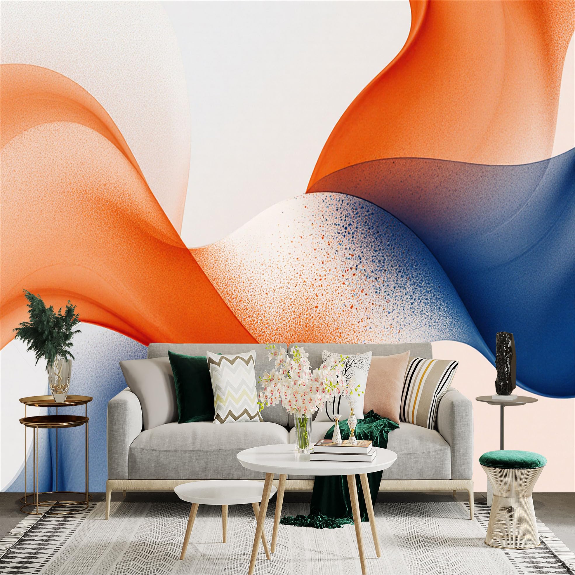 Custom Size Wall Sticker Mural， Orange and Blue Fluid Abstract Art， Modern Wavy Dynamic Lines， Artistic Background Decor， for wall Decoration， peelandstick wall Decals.