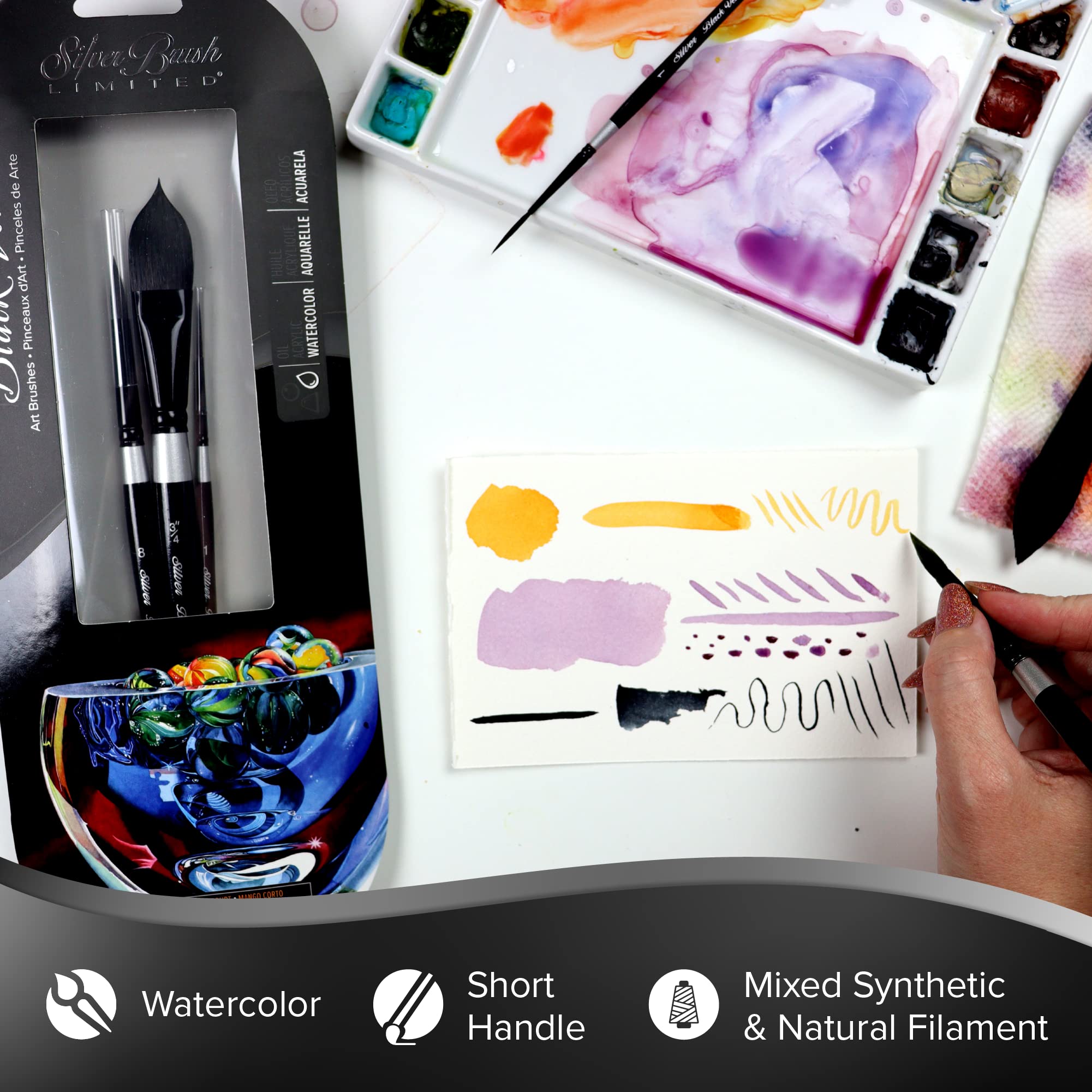 Silver Brush Limited WC-3124ST Black Velvet Voyage Master Travel Set for Watercolor, Gouache, Inks, & Dyes, Set of 4, Sizes 2, 4, 6, and 8 Round Paintbrushes, Short Handle: 3 Pc Master Watercolor Set