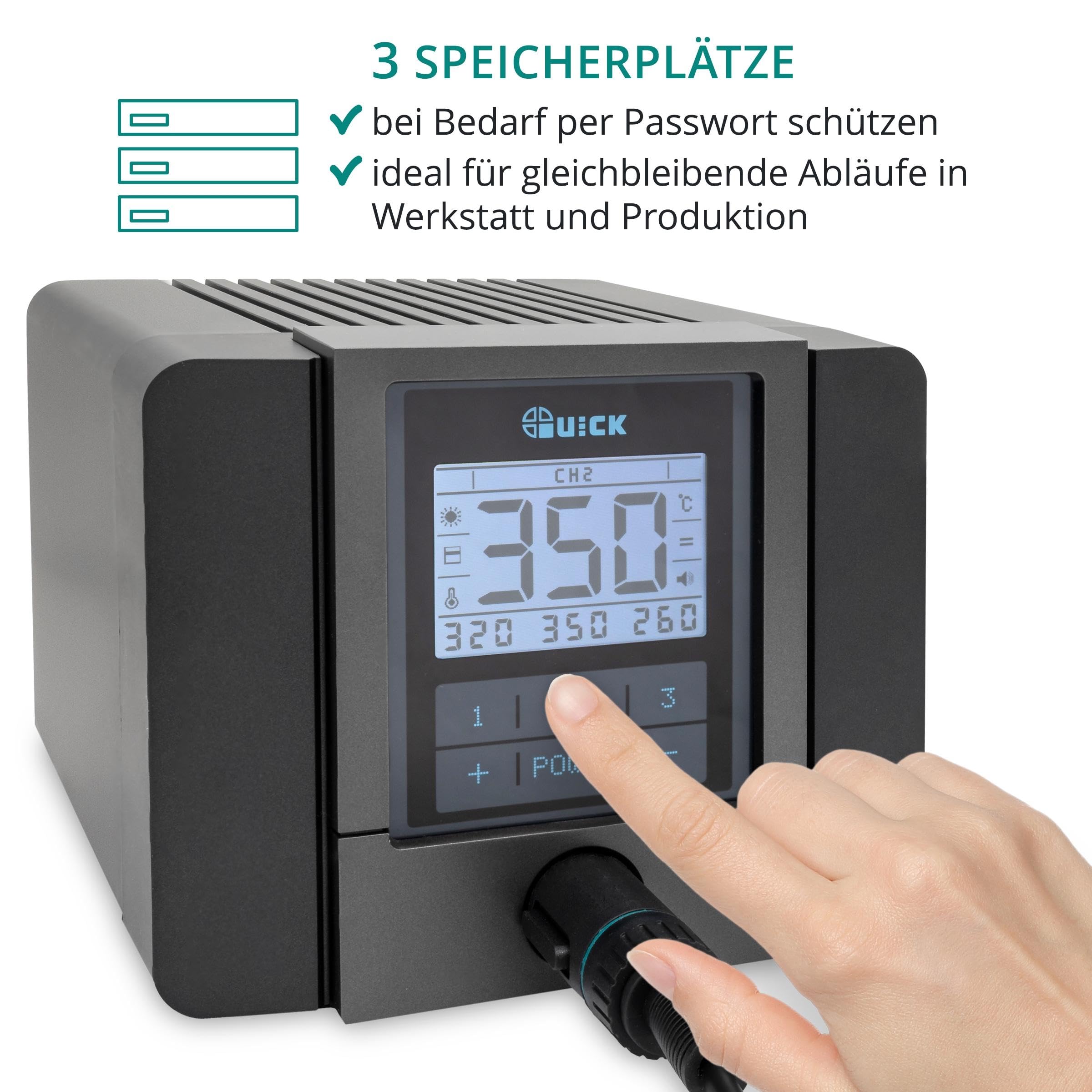 QUICK TS1200D digital regelbare Lötstation ESD 120W 200-420°C professionell sensorgeregelt inkl. 1mm Rapid-Kartuschen-Lötspitze - SMD Lötstation kalibrierbar mit 3 Multi-Temperatur-Speicher