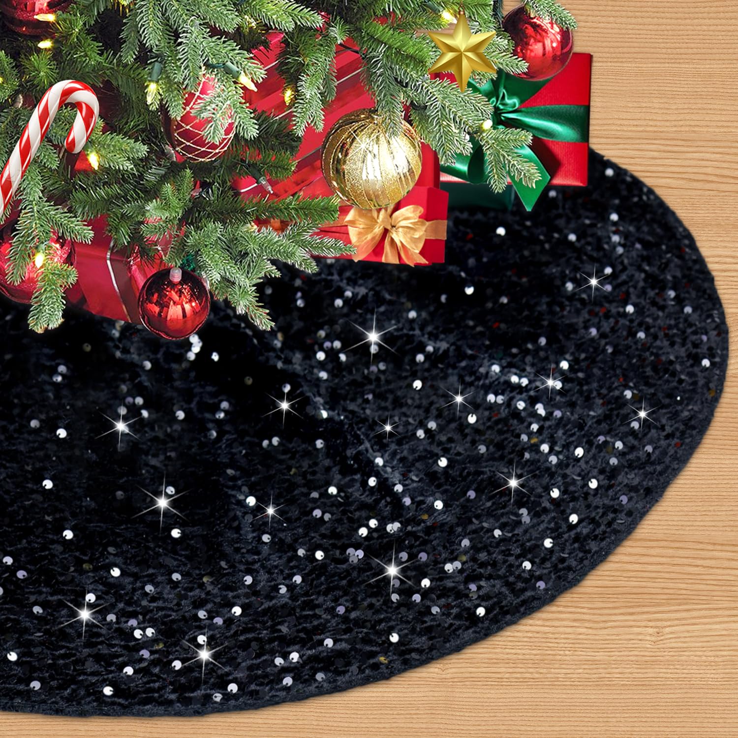 Black Halloween Tree Skirt 36 Inch Sparkly Sequin Tree Skirts Velvet Tree Skirt Holiday Tree Mat for for Artificial Trees Fall Christmas Tree Skirts for Black Christmas Tree Decorations