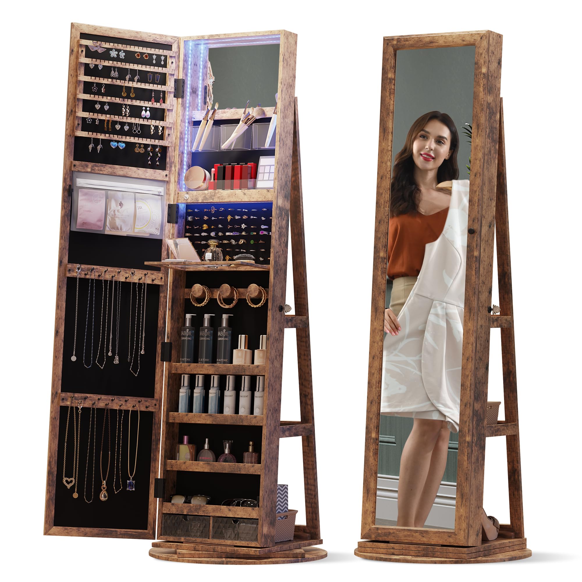Dystler Mirror Jewelry Cabinet with Storage: Jewelry Armoire with Full Length Mirror 360° Swivel & LED lights Standing Jewelry Holder Organizer with Rear Storage Shelves, Lockable - Wood