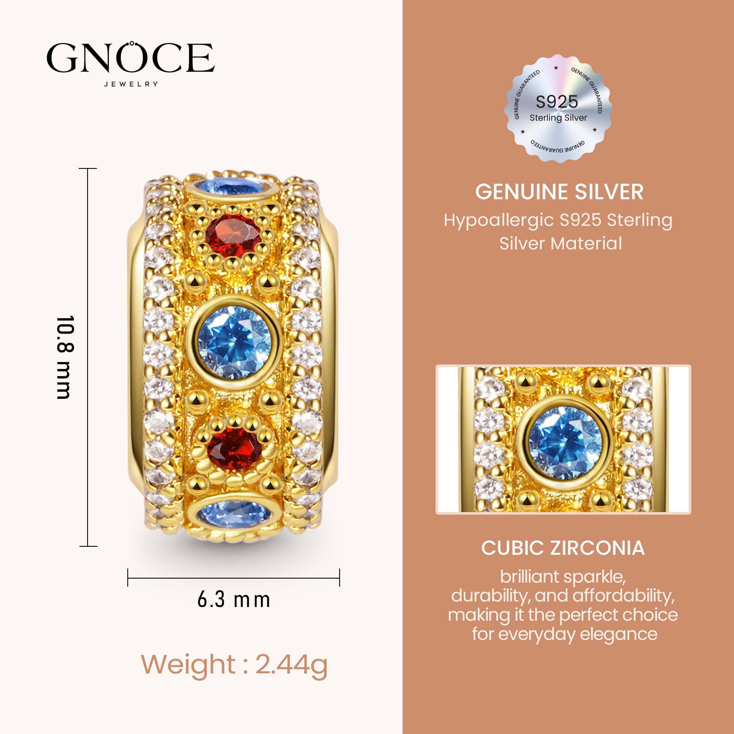 GNOCE Luxus Stil Sicherheitsstopper Charm Bead 925 Sterling Silber Intarsien mit Glänzenden CZ Steinen 18K Vergoldet Schmuck Geschenk Für Frauen Mädchen Tochter Fit Armband/Halskette