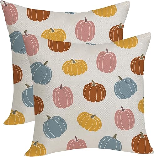 Fundas de almohada de otoño de 18 x 18 pulgadas, paquete de 2 fundas de almohada de calabaza azul, rosa, naranja, amarillo, decoración de otoño,