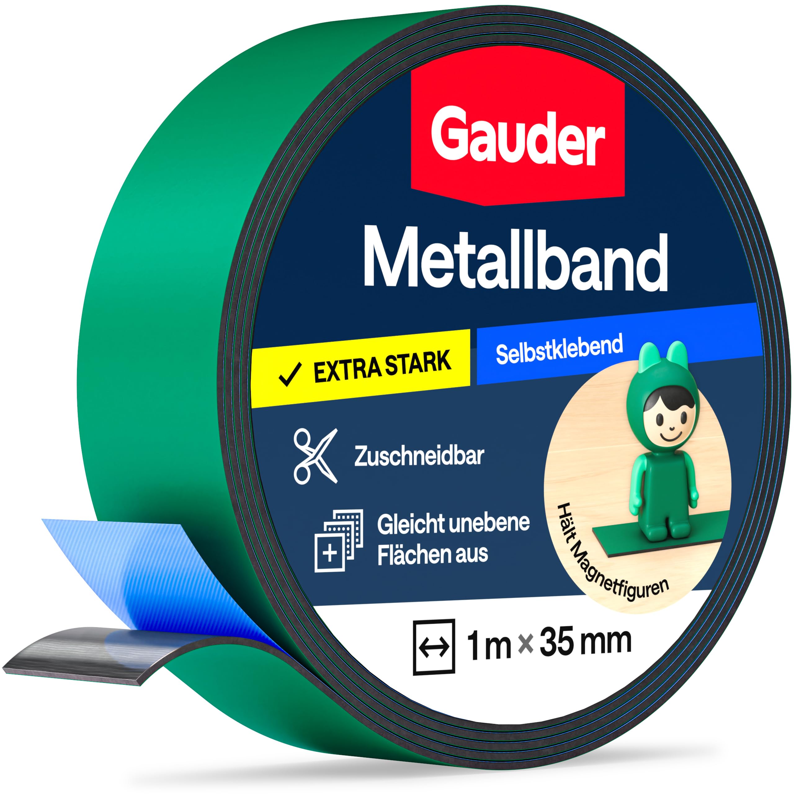 GAUDER Metallband selbstklebend - Magnethaftband für Tonie®-Figuren & -Regale - Ferroband & Eisenband zum Basteln und Organisieren (1 m x 35 mm - grün)