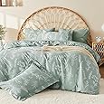 MUXHOMO Duvet Cover Queen Size, Reversible Floral Dark Green Duvet Cover Set with Zipper Closure, 3 Pieces Botanical Patterns Soft Microfiber Bedding Set with 4 Ties (90"x90", 2 Pillow Cases)