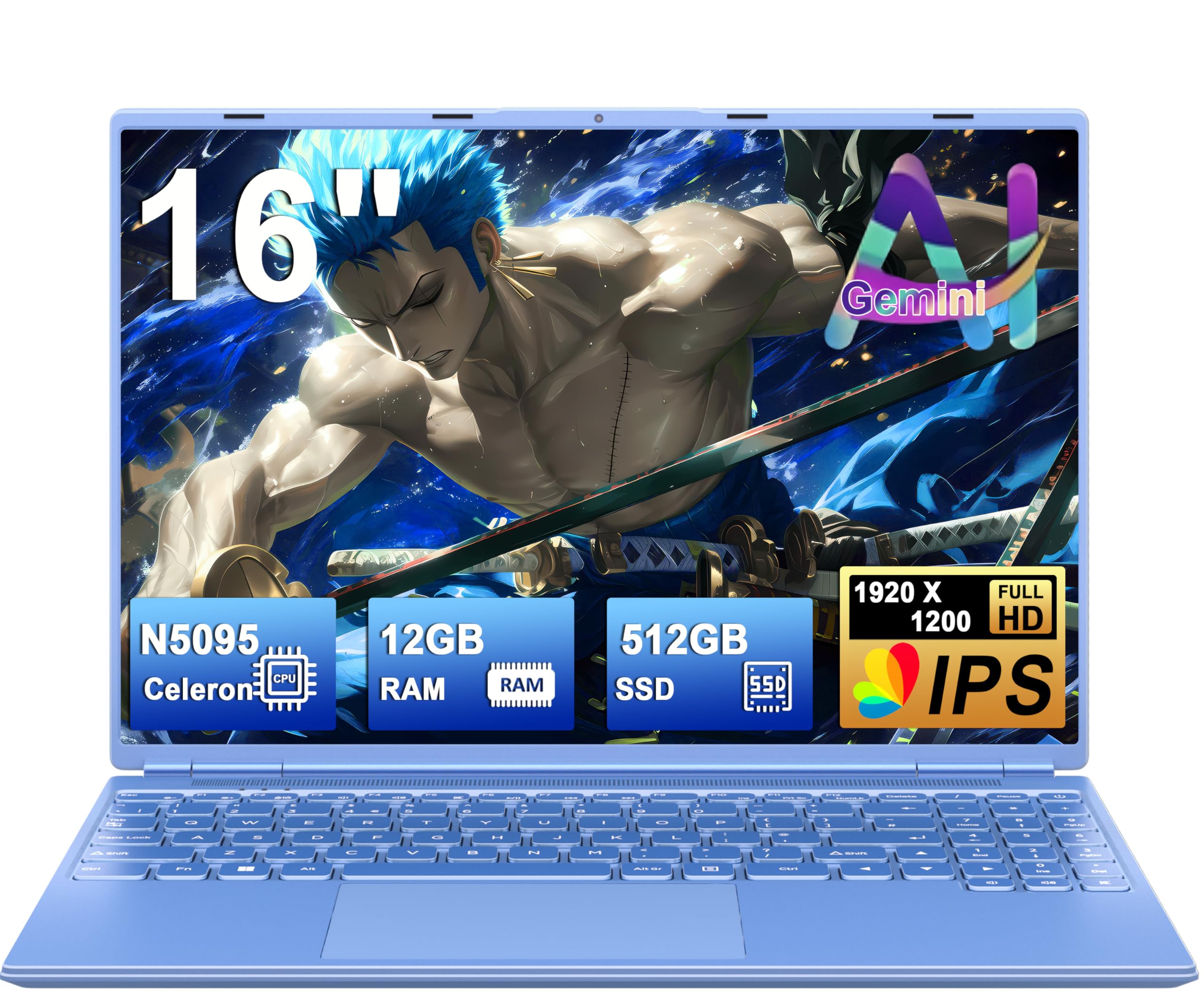 Ordenador Portátil 16 Pulgadas Celeron N5095 Up to 2.9Ghz, Portátil Win 11 con 5G WiFi 12+512GB SSD Expansión 1TB, BT 4.2 Mini Puerto Multimedia Portatiles Ventilador Refrigeración 1920*1200-Azul