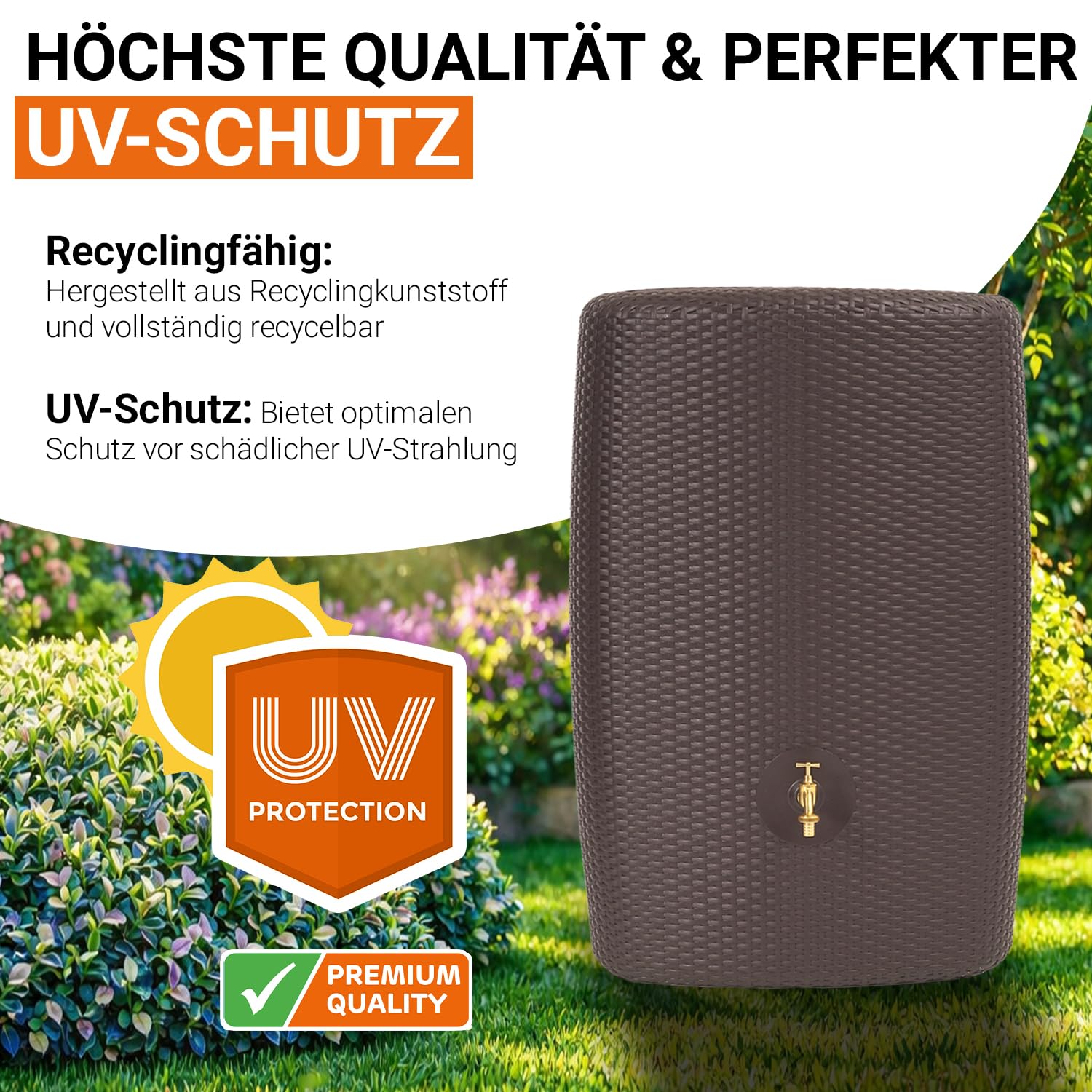 GARANTIA SUNDA Regentonne Komplett-Set 300 Liter Mocca | inkl. Messing-Auslaufhahn und Fallrohranschluss Wandtank, Wassertank, Regenwassertonne, Regenwassertank, Wasserbehälter