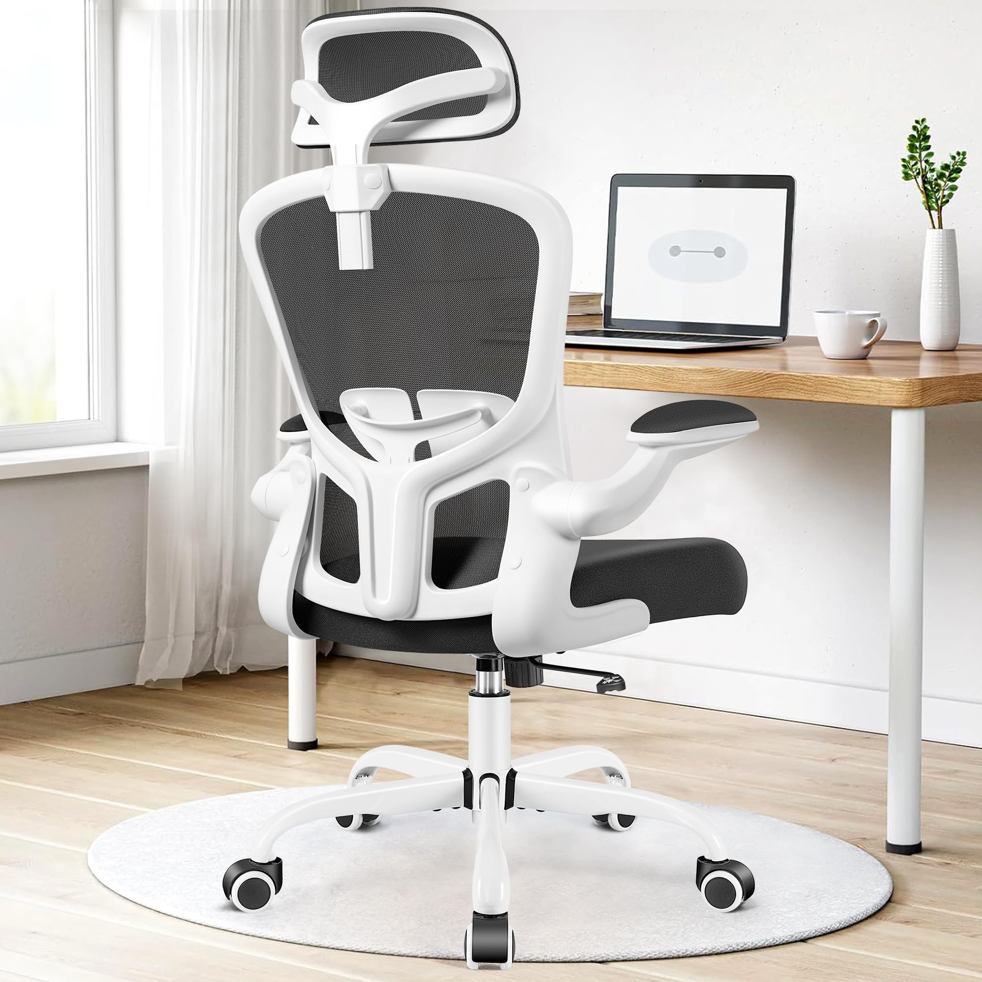 FelixKing Silla de oficina ergonómica, soporte lumbar ajustable, silla giratoria, reposacabezas 3D y reposabrazos plegables, silla de ordenador, cojín trasero de malla transpirable, 300 lb(blanco)