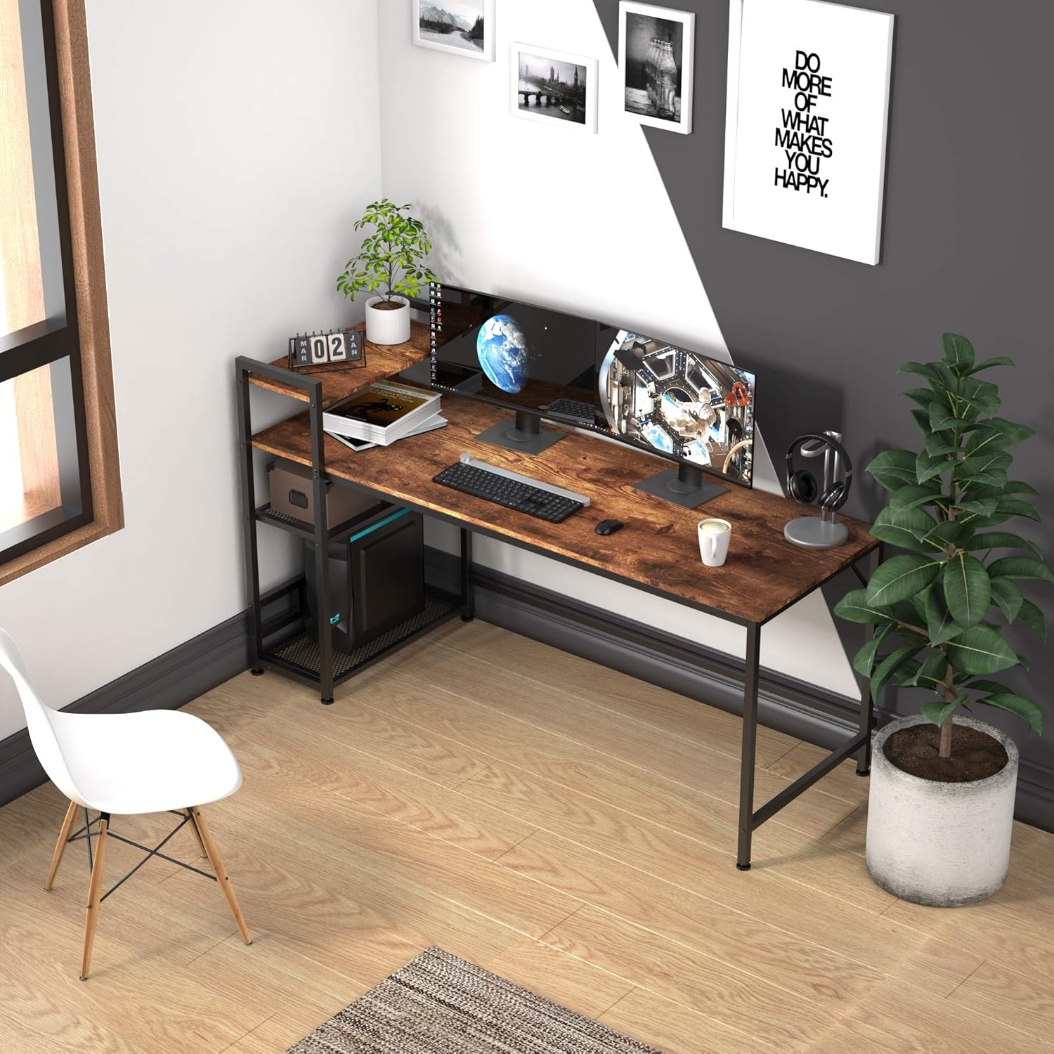 HOMIDEC Computer Desk, Writing Office Desk with Bookshelf, 63 Inch Study Laptop Table with 4 Tier DIY Storage Shelves, Modern Work Desks for Home Office Bedroom (63 x 23.6 x 43.3 inch) - Image 2