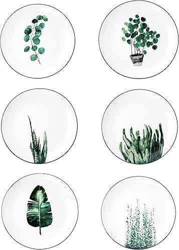 Juego de 6 platos de porcelana de 8 pulgadas con patrón de plantas, vajilla de cerámica blanca para carne, almuerzo, ensalada, postre, servir pan,