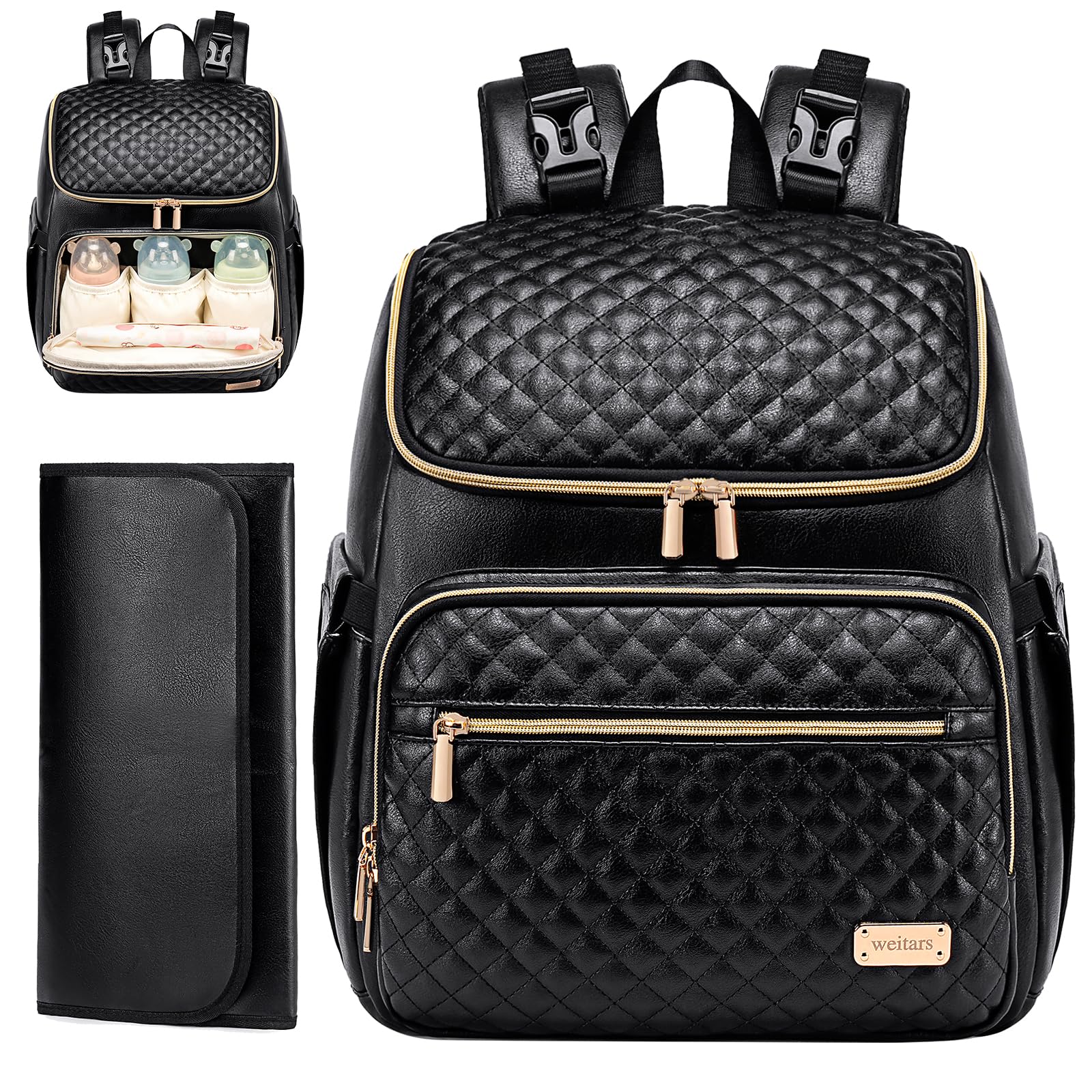 Weitars Mochila para pañales para bebé con cambiador, mochila para pañales de viaje, bolsa de bebé para mamá, 5 bolsillos aislados