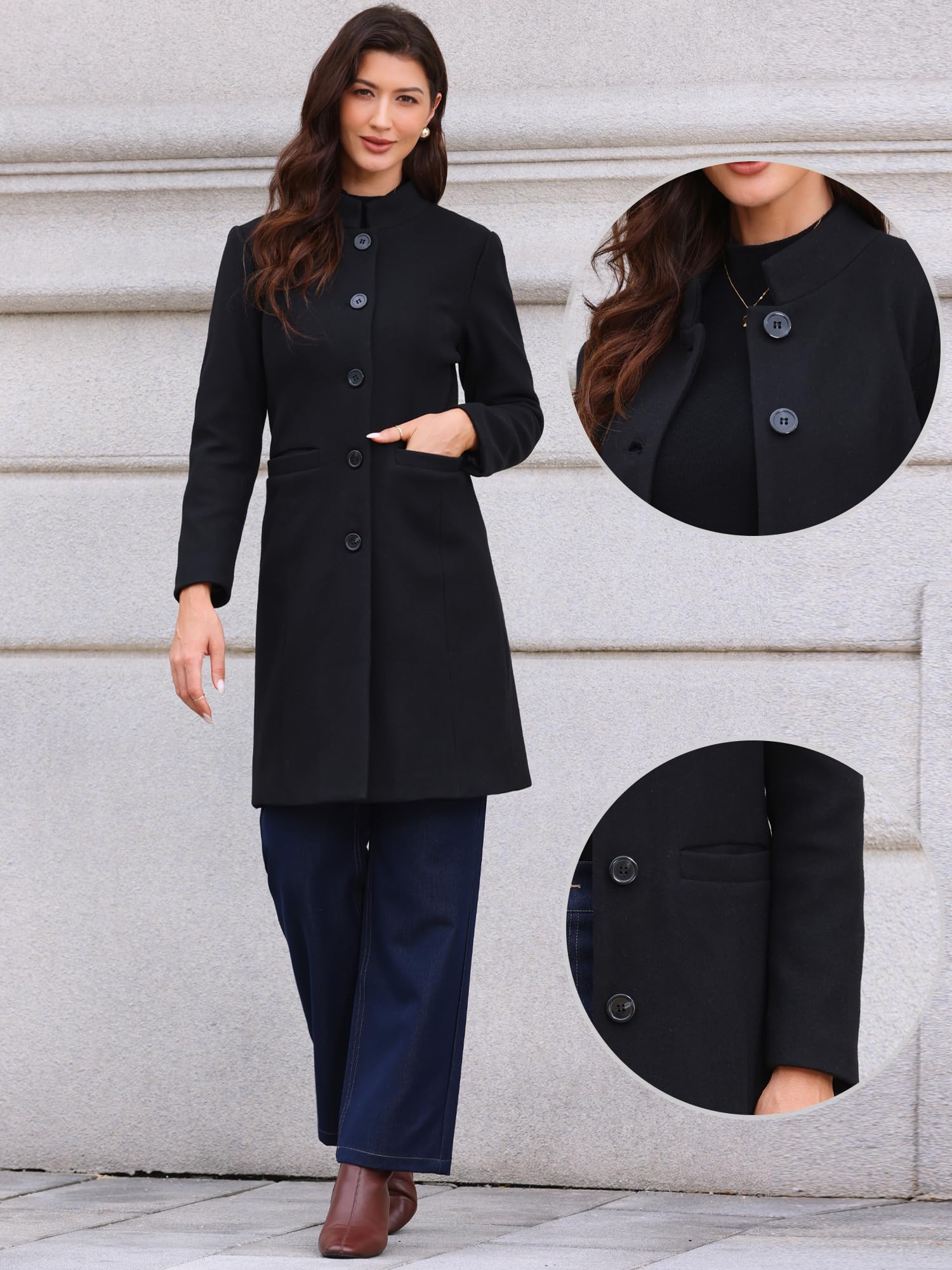 Allegra K Abrigo Medio con Cuello Alto para Mujer de Invierno de Botonadura Sencilla para Desplazamientos Diarios