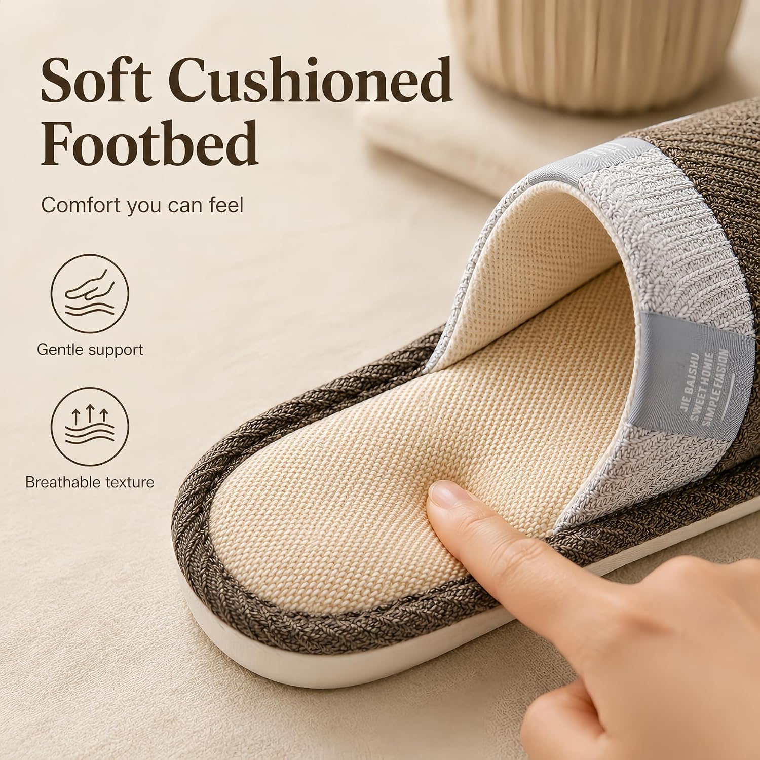 Japanese Style Linen House Slippers For Women Men Open Toe Breathable Lightweight Indoor Home Shoes Anti Skid Sole Soft Comfy Easy Wear Guest Bedroom Living Room Casual Cozy Comfortable Minimalist