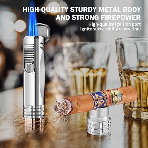 Miniatura 4 de LAFULI Encendedor de cigarros de llama triple chet, ponche de puros, potenciador de extracción de puros, soporte para puros, encendedor de butano
