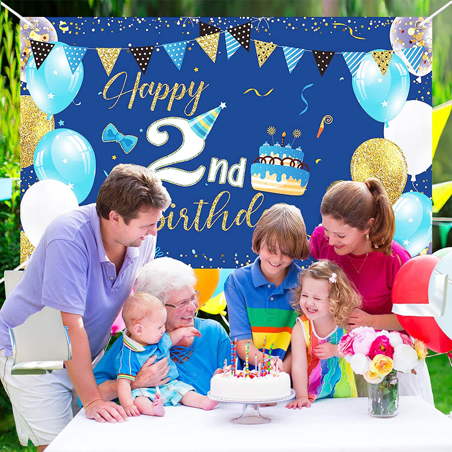 2nd Birthday Banner - Gold & Black Party Decor | Large Backdrop For Boys & Girls Celebrations